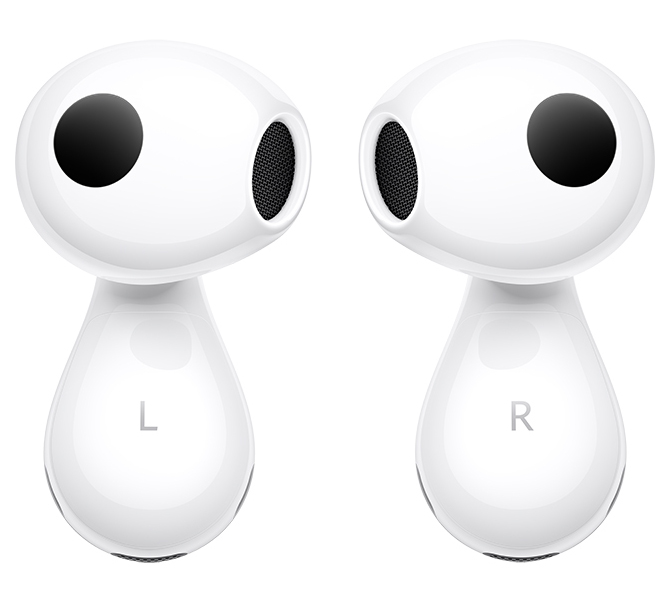 Dwa białe słuchawki. Mają unikalny, łzowaty kształt i czarny głośnik. Widoczne litery L i R.