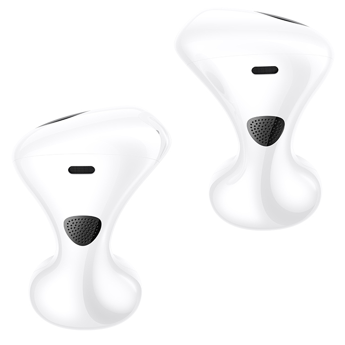 Dwa białe słuchawki. Mają unikalny, łzowaty kształt i czarny głośnik.
