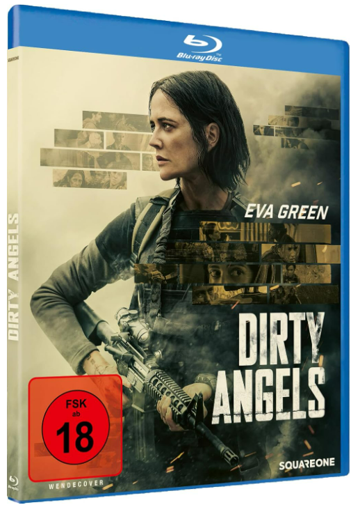 Dirty Angels Blu-ray-Hülle mit Eva Green, einer Waffe und rotem FSK-Logo.