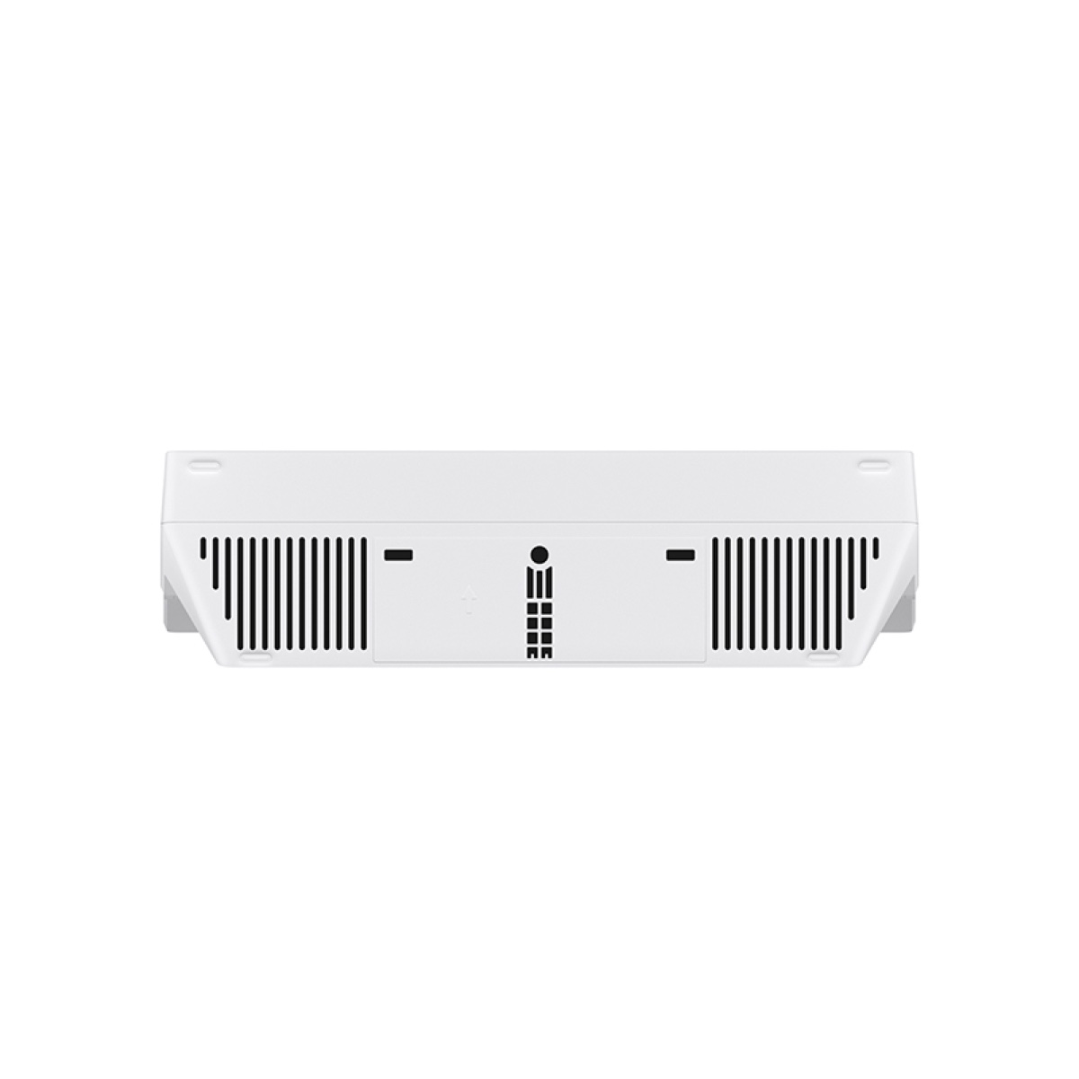 Havalandırma yuvalarına sahip beyaz bir elektronik cihaz. Yanlarda iki set yuva var.