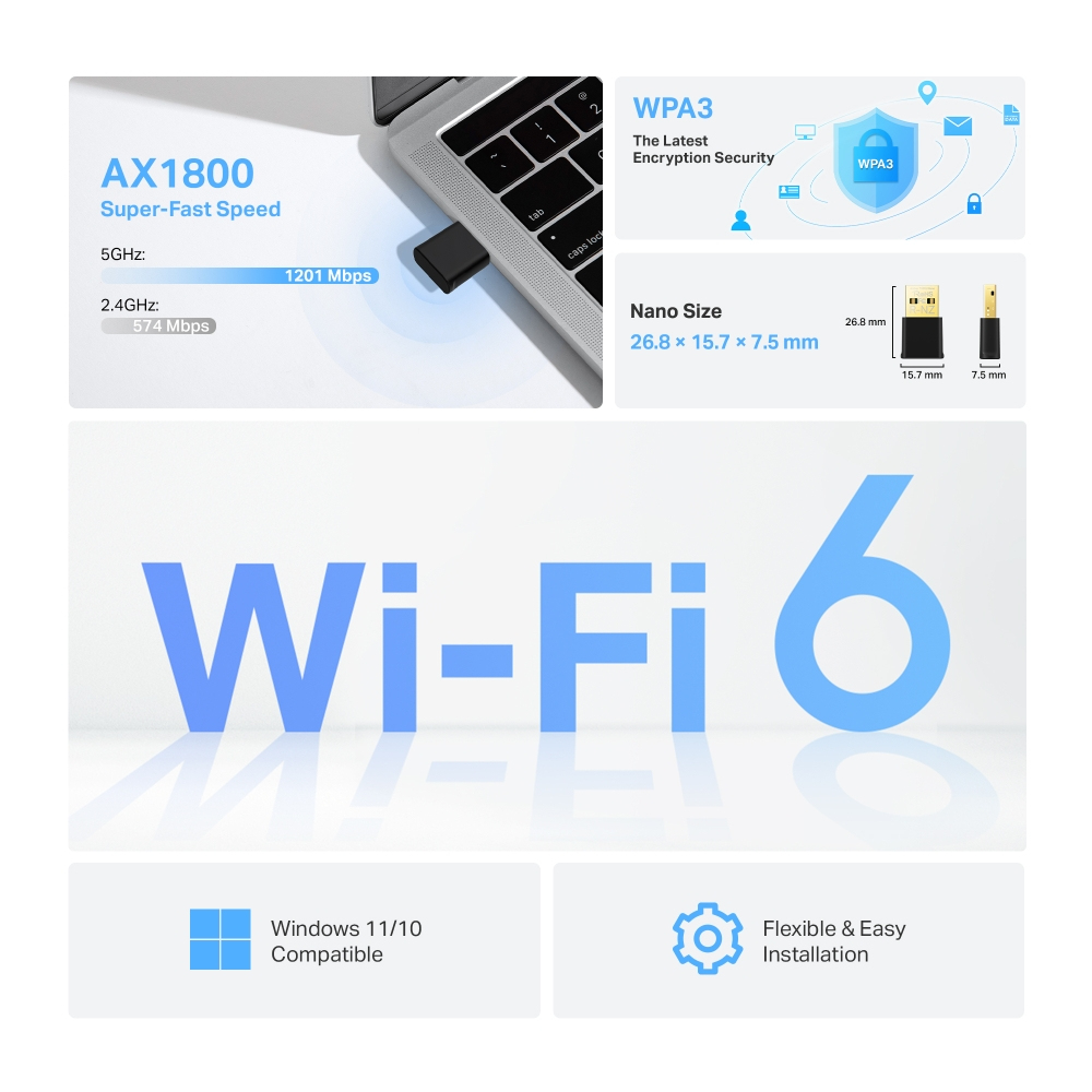 Ein Wi-Fi 6 USB-Adapter mit Text: AX1800, Super-Fast Speed und Nano Size, sowie Windows-Kompatibilität.
