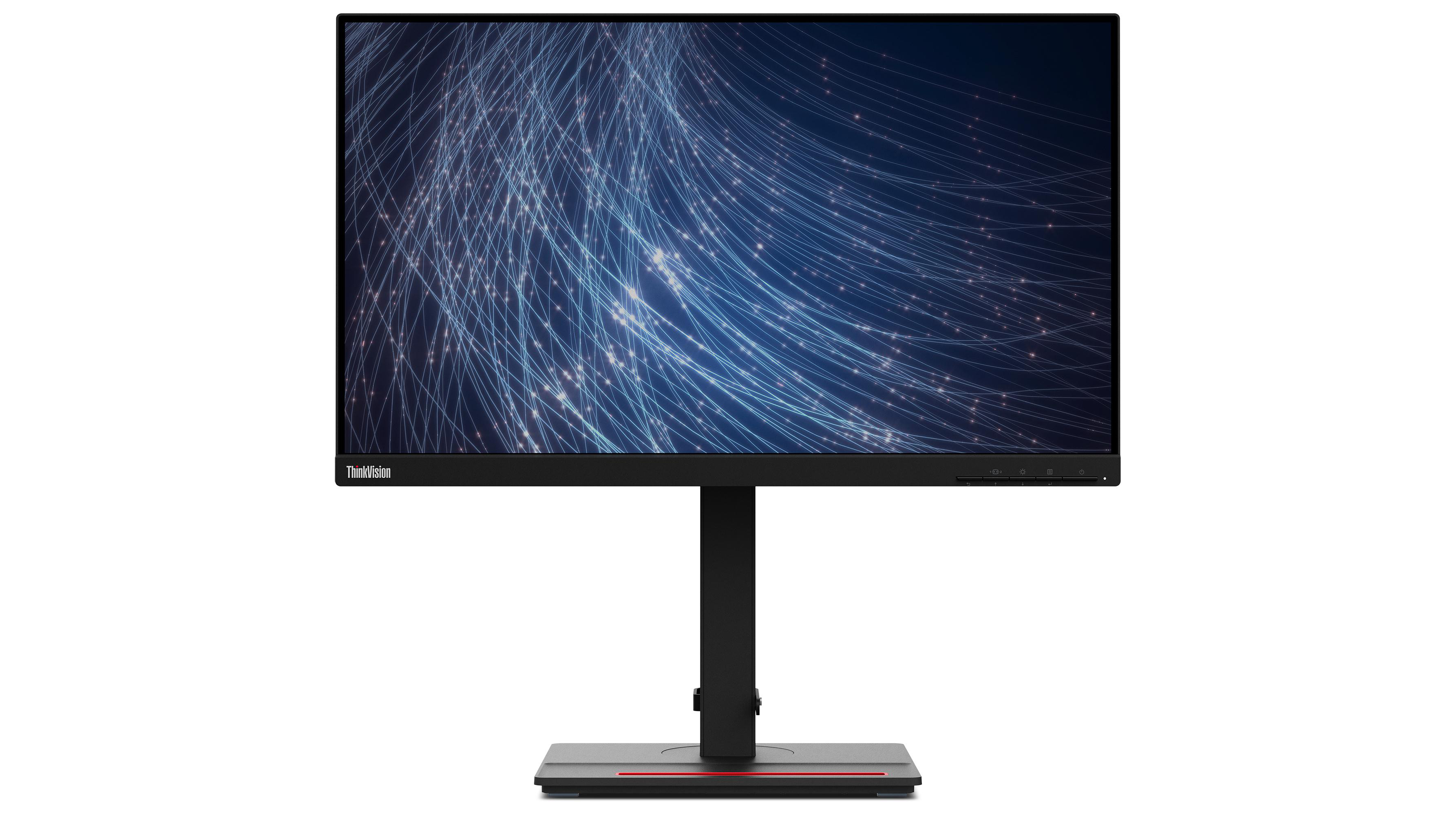 Ein schwarzer ThinkVision-Monitor mit dunkelblauem Hintergrund auf weißer Oberfläche.