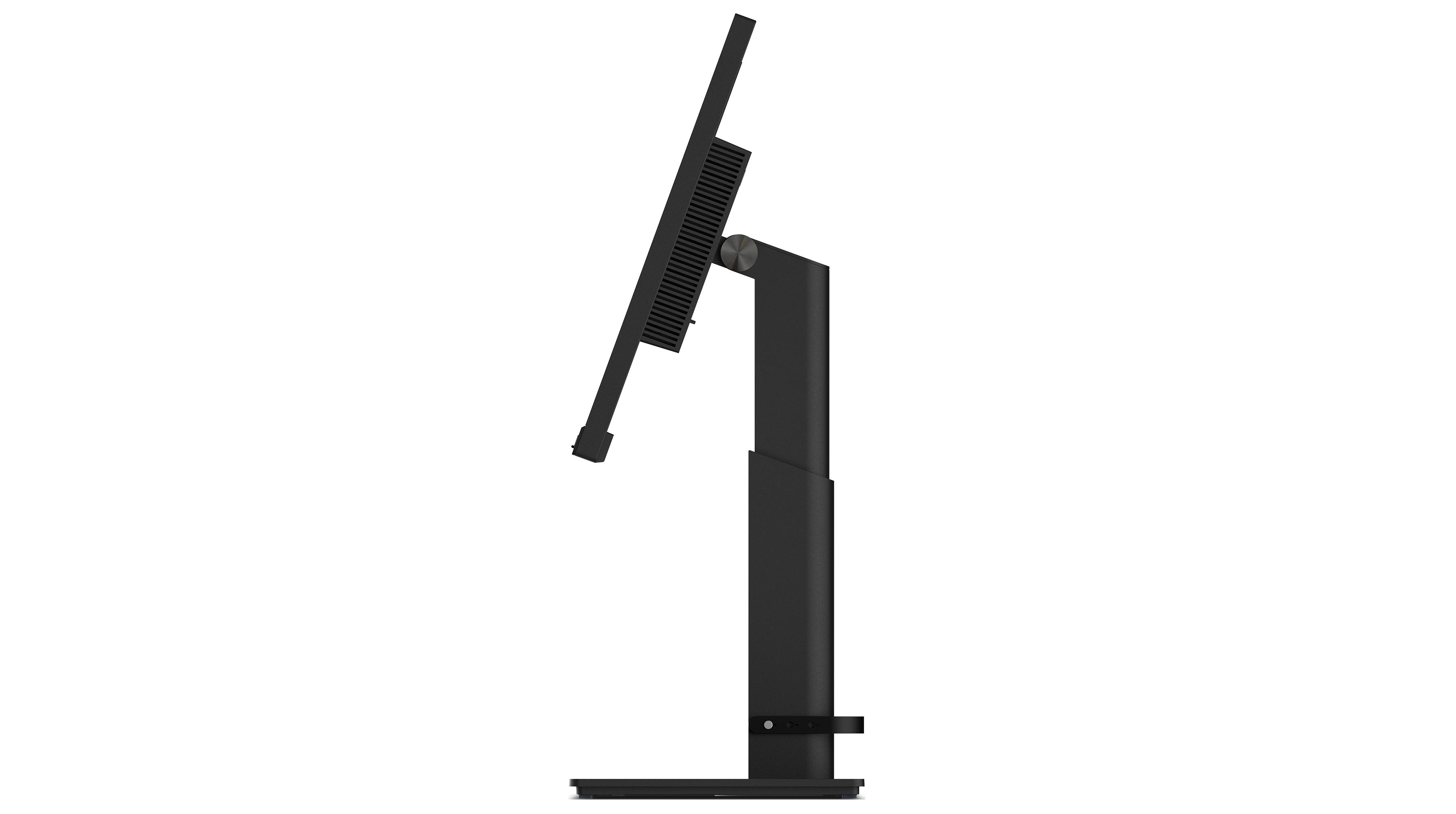 Ein schwarzer Computermonitor, der auf einem Ständer montiert ist, von der Seite betrachtet.