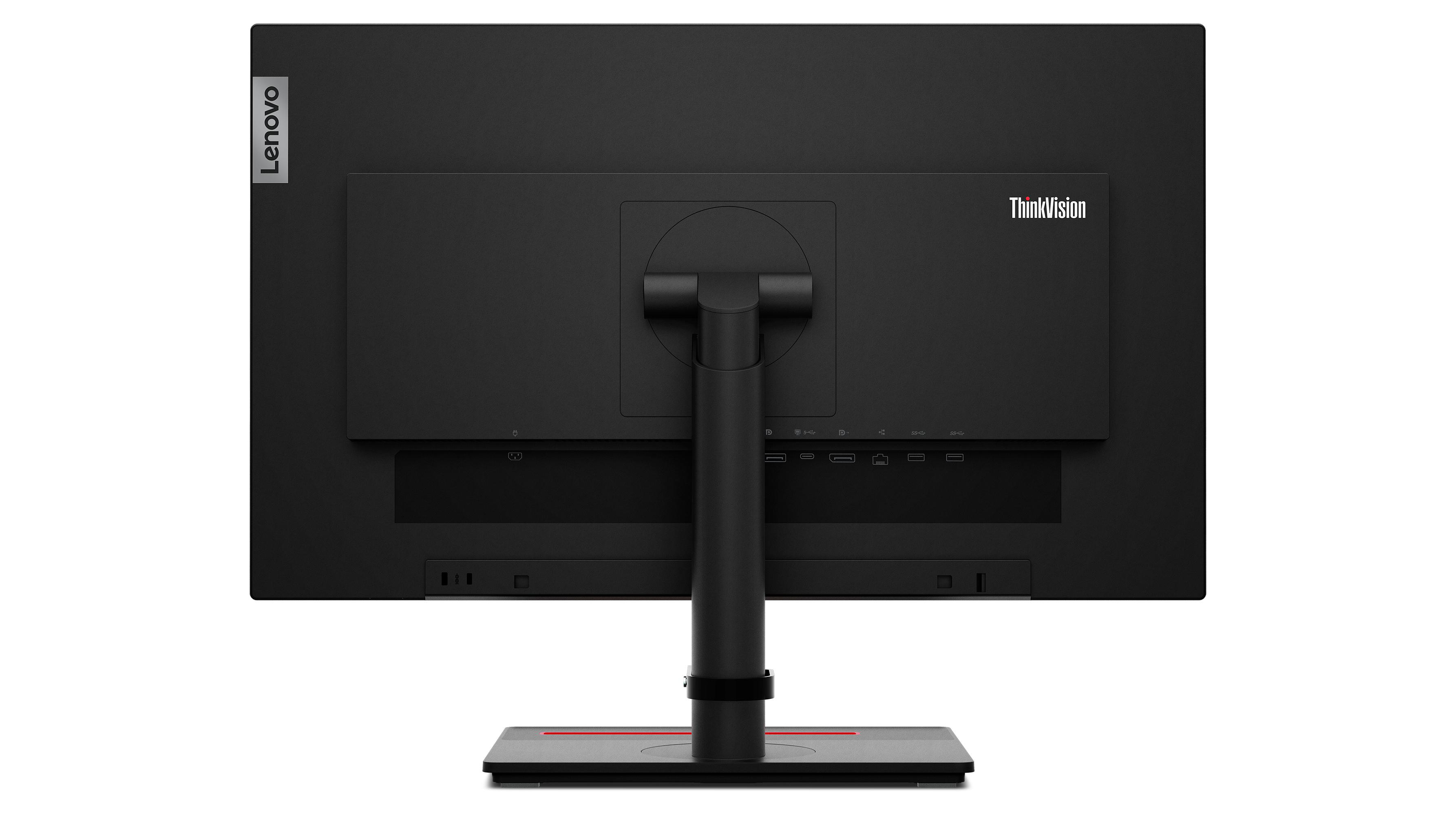 Rückansicht eines schwarzen Lenovo ThinkVision Monitors.