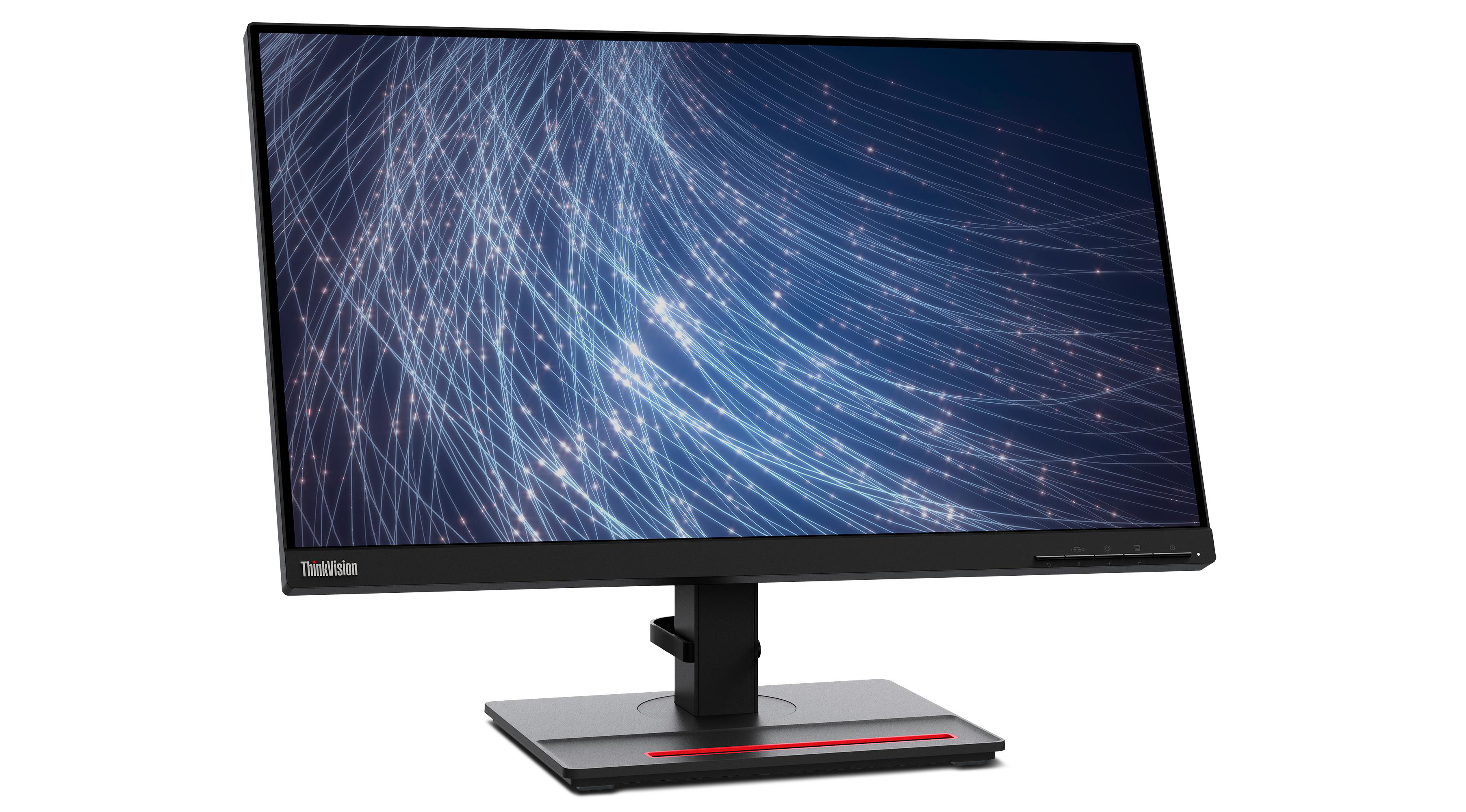 Schwarzer Lenovo ThinkVision Monitor mit blau-weißem abstraktem Design, weißer Hintergrund.