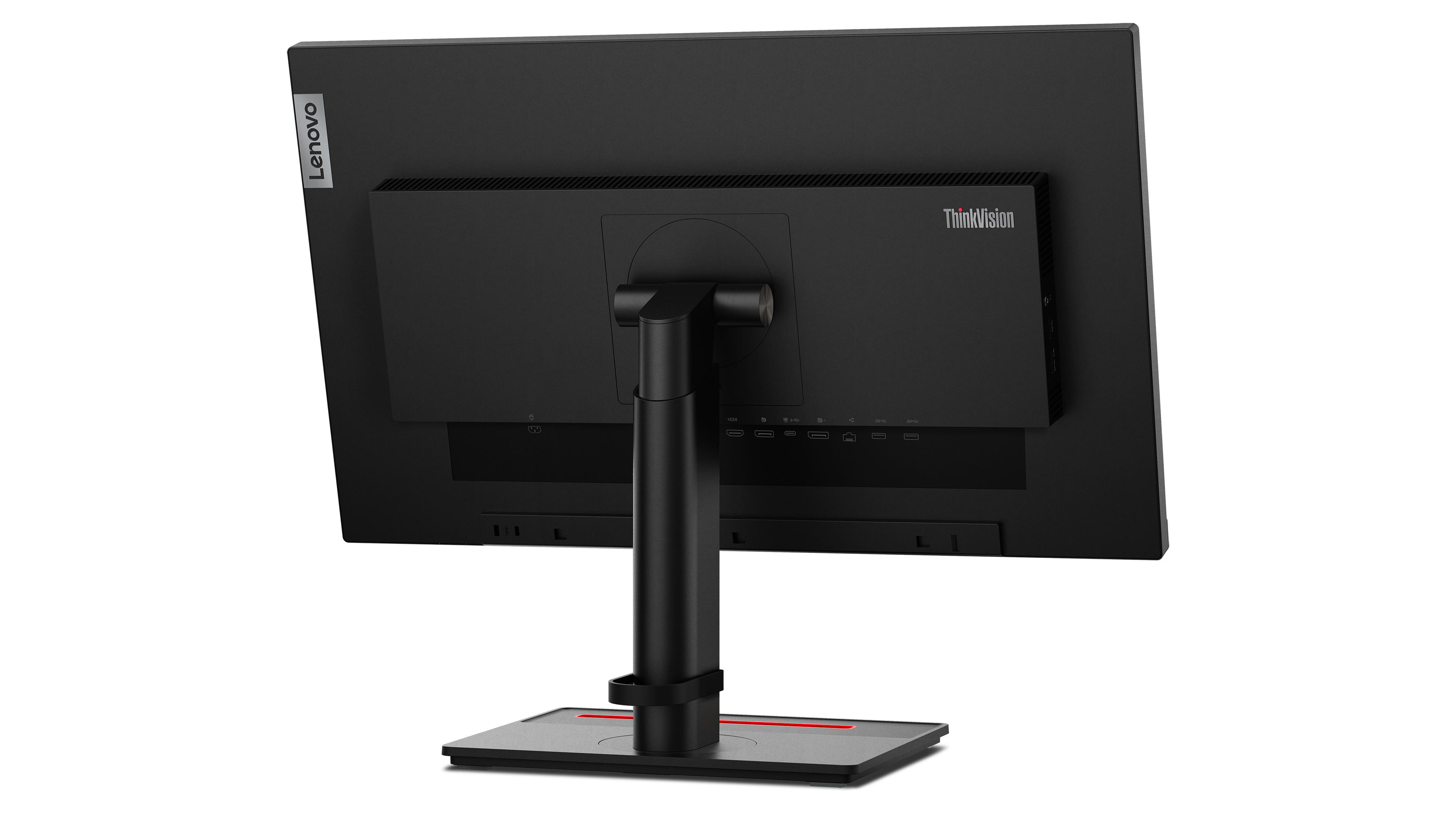 Rückansicht eines Lenovo ThinkVision Monitors. Schwarz, mit Lenovo-Logo und Anschlüssen.
