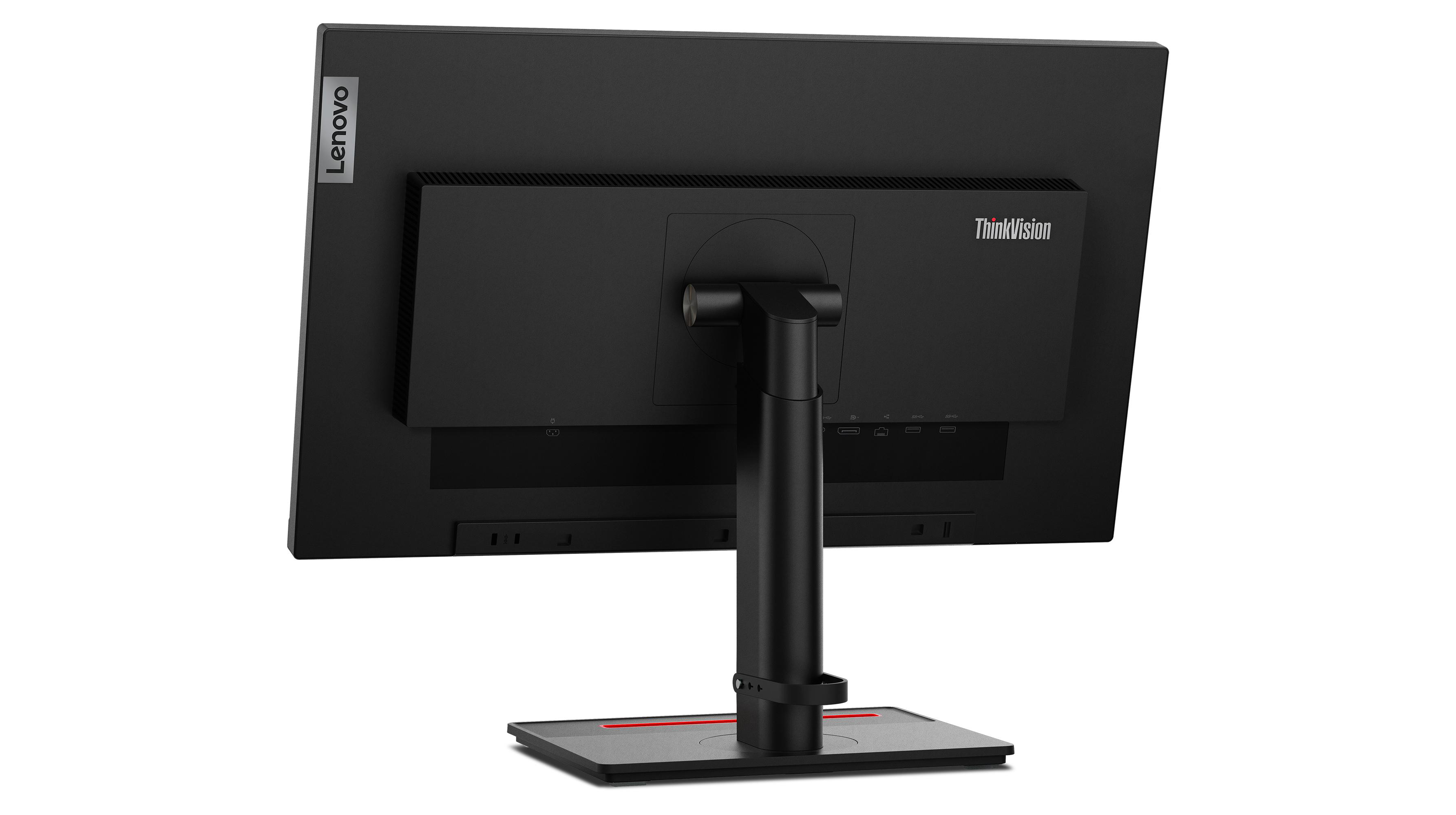 Rückansicht eines schwarzen Lenovo ThinkVision Monitors auf einem Ständer, weißer Hintergrund.