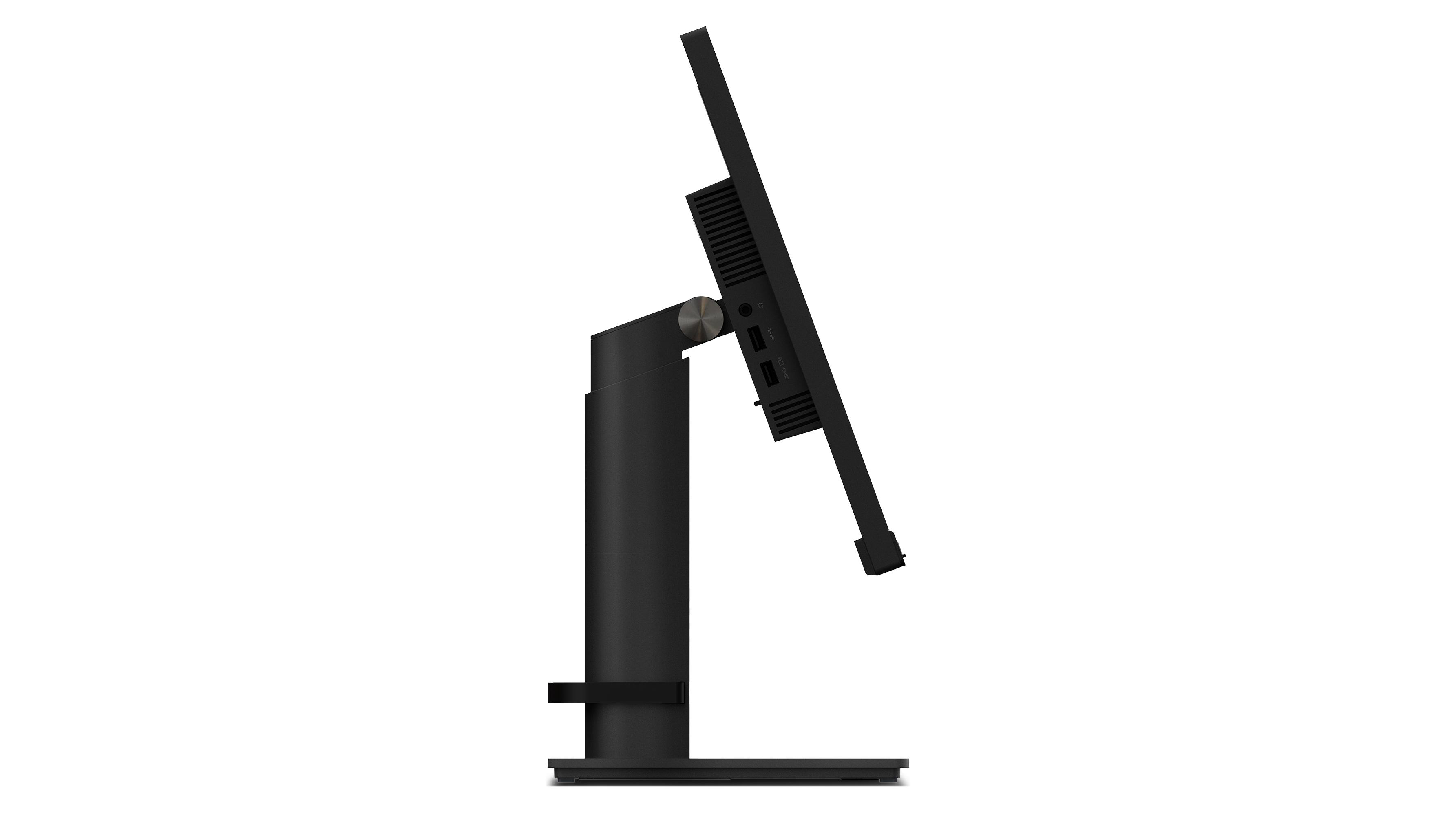 Schwarzer Computermonitor auf einem Ständer. Seitenansicht, weißer Hintergrund.