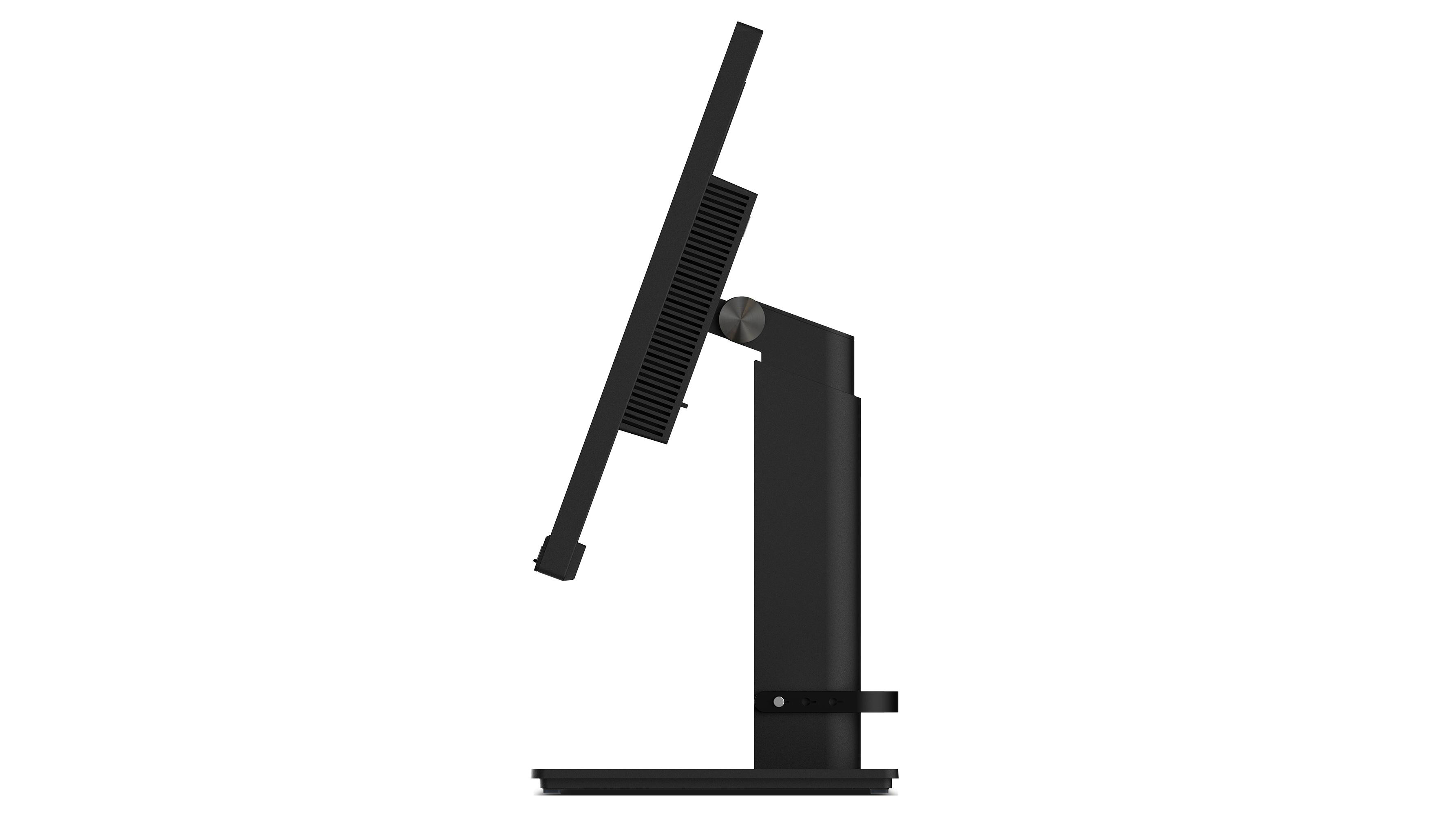 Seitenansicht eines schwarzen Lenovo ThinkVision Monitors auf einem Ständer, weißer Hintergrund.
