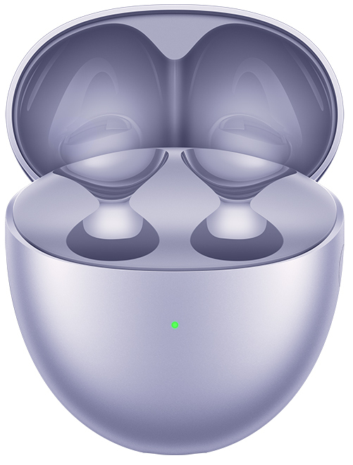 Fioletowe etui ładujące słuchawki, otwarte, ze słuchawkami w środku i zielonym światłem.