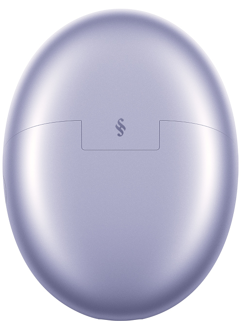 Zamknięte, owalne, fioletowe etui na słuchawki z logo na górze.