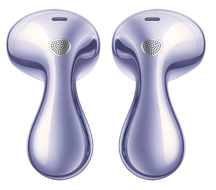 Dwa srebrne, nowoczesne słuchawki douszne na białym tle.