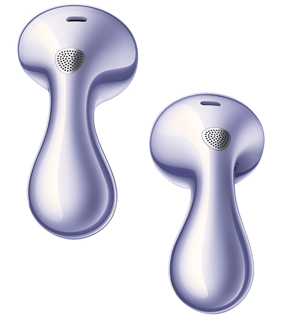 Dwa błyszczące, fioletowe obiekty przypominające słuchawki na białym tle, zwrócone w tym samym kierunku.