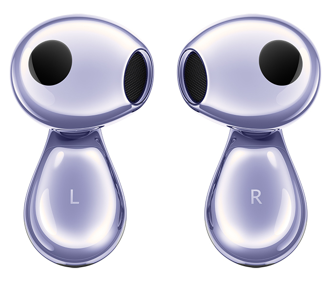 Dwa fioletowe słuchawki douszne, każda z oznaczeniem 'L' i 'R'.
