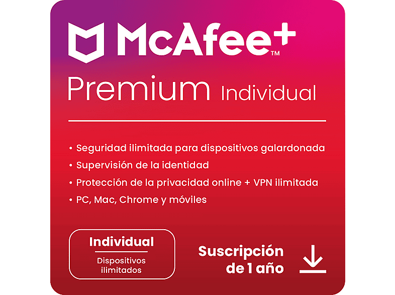 Antivirus - McAfee®+ Premium Individual, Seguridad Internet, Dispositivos ilimitados (Windows/Mac/Android/iOS), Suscripción 1 año, Código de descarga
