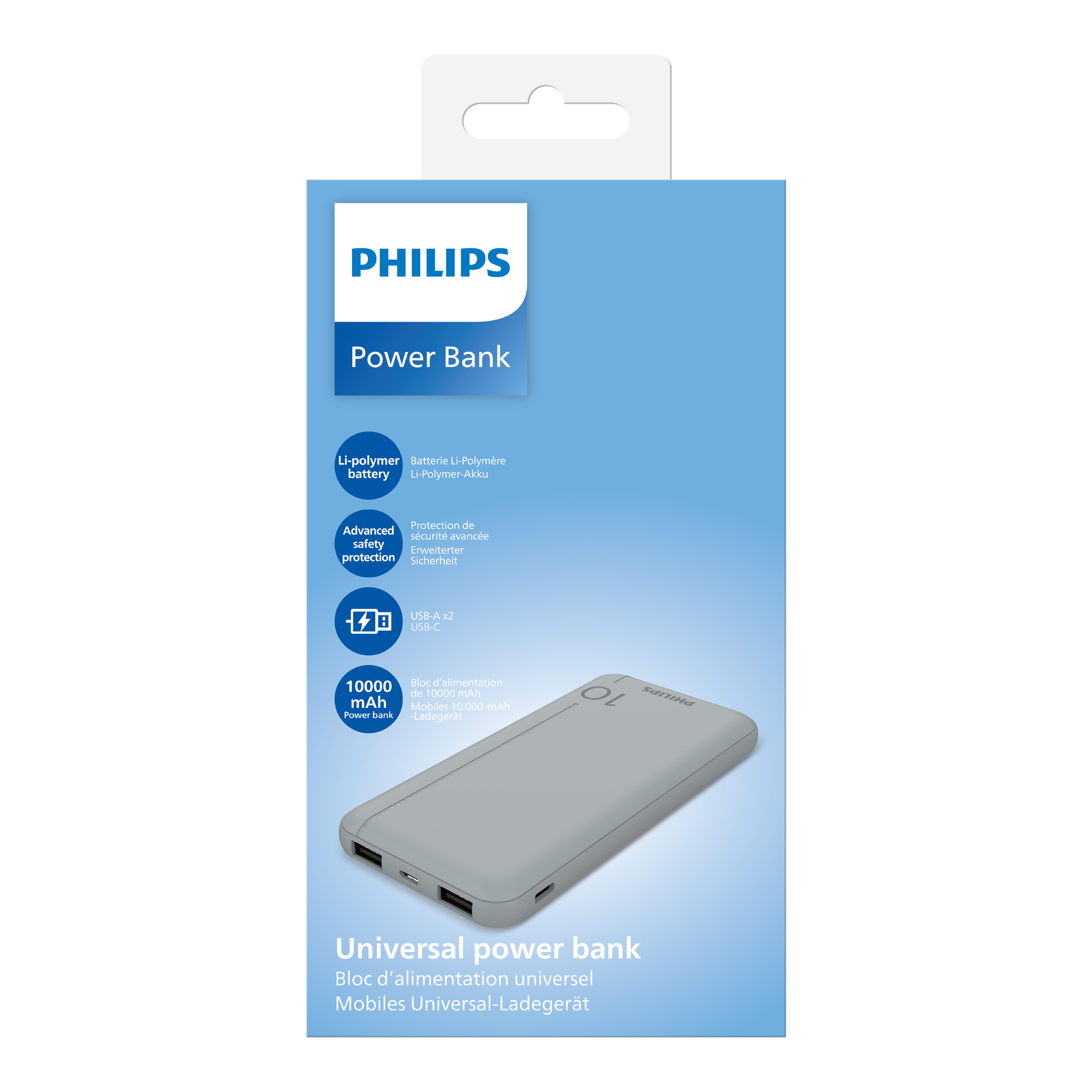 Bir Philips powerbank kutusu. Gri bir powerbank, Philips logosu ve metin gösteriyor.