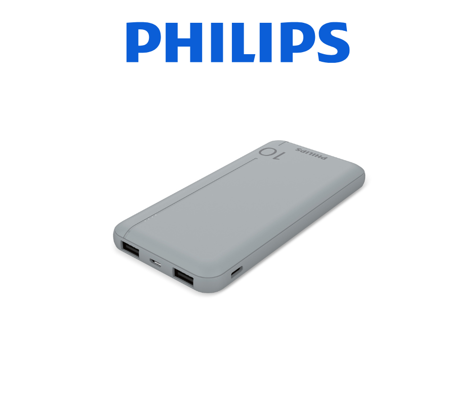 Üzerinde 10 yazan gri bir Philips powerbank. Philips logosu mavi. Arka plan düz beyaz.