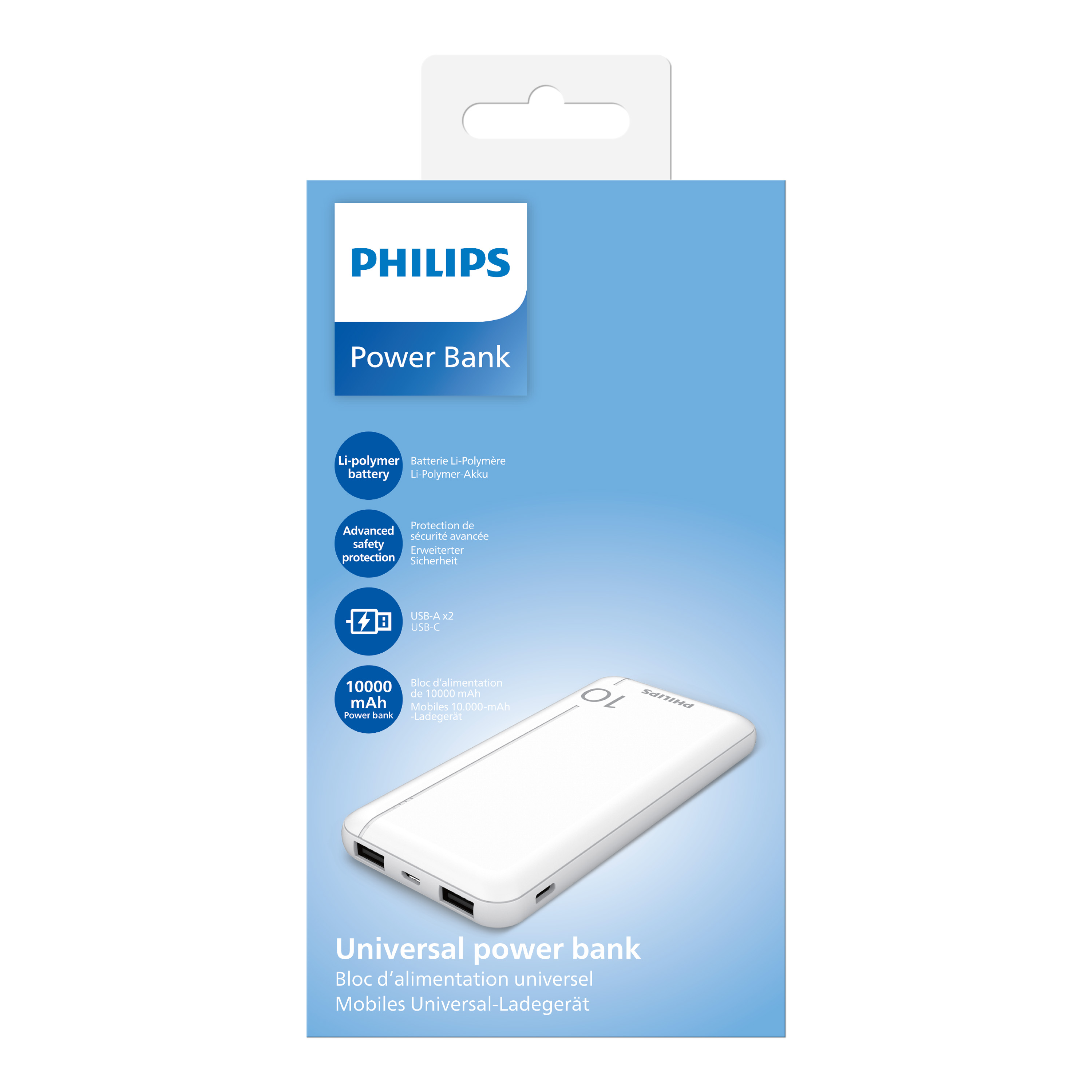 Beyaz bir Philips power bank kutusu. Mavi bir arka plan üzerinde beyaz bir power bank var. Metin beyazdır.
