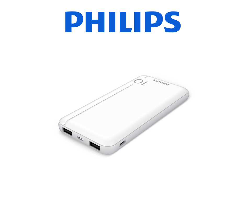 Beyaz arka plan üzerinde beyaz Philips powerbank. Üstte mavi Philips logosu. Powerbank'in USB portları var.