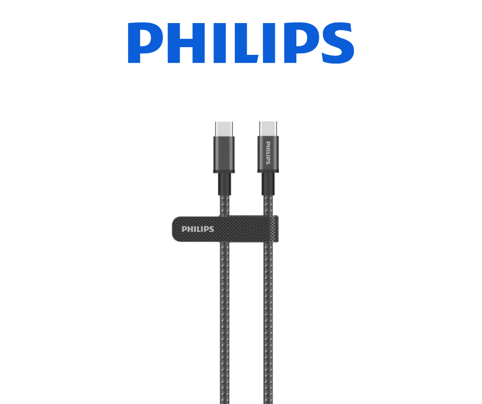 Philips markalı bir kayışla bağlanan iki USB-C kablosu.