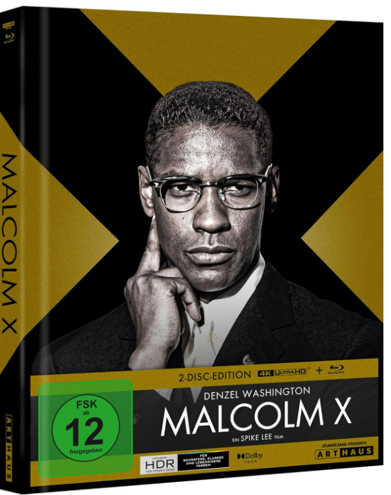 DVD-Cover für 'Malcolm X' mit Denzel Washington mit Brille und Titel.