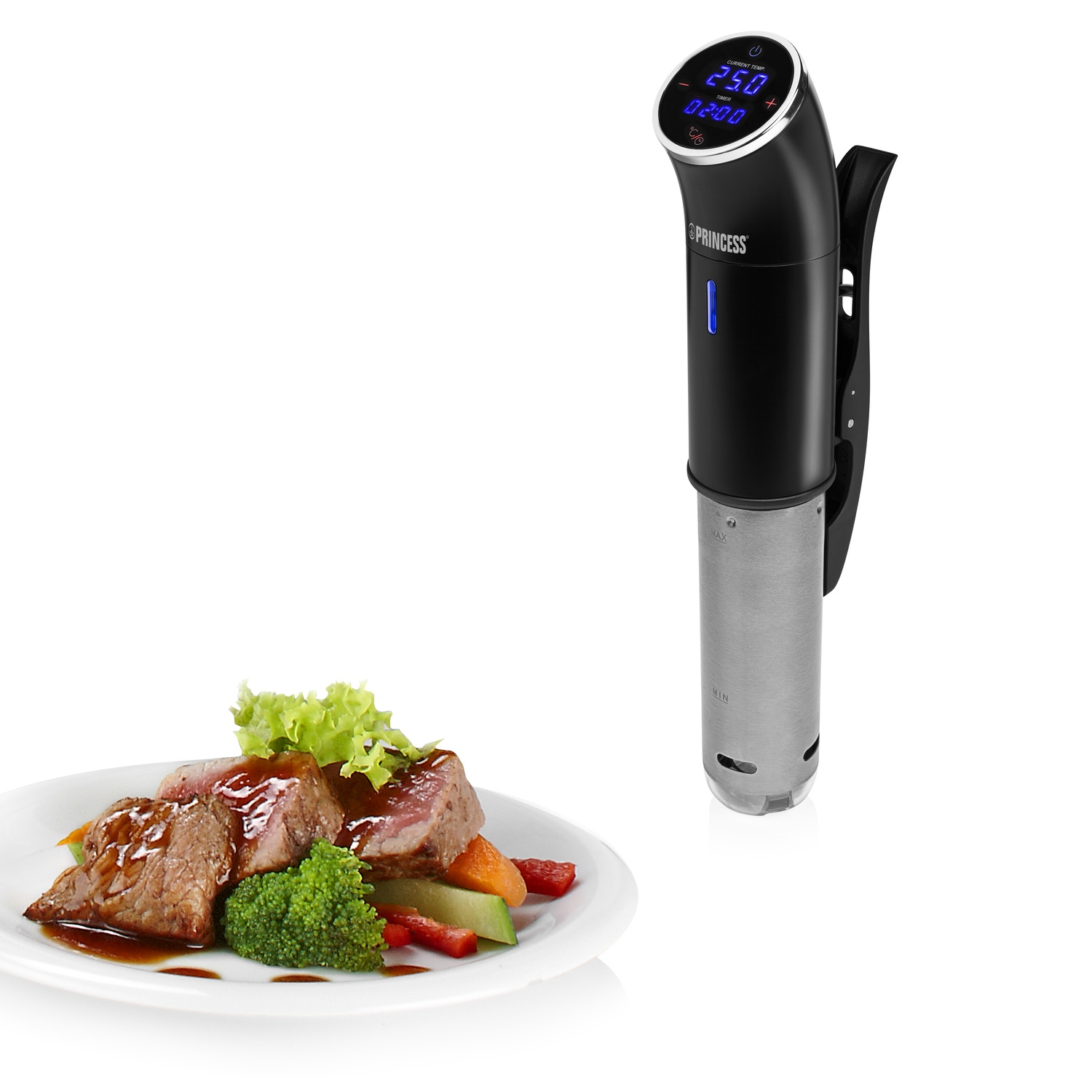 Sous vide nero con cibo, sfondo bianco.