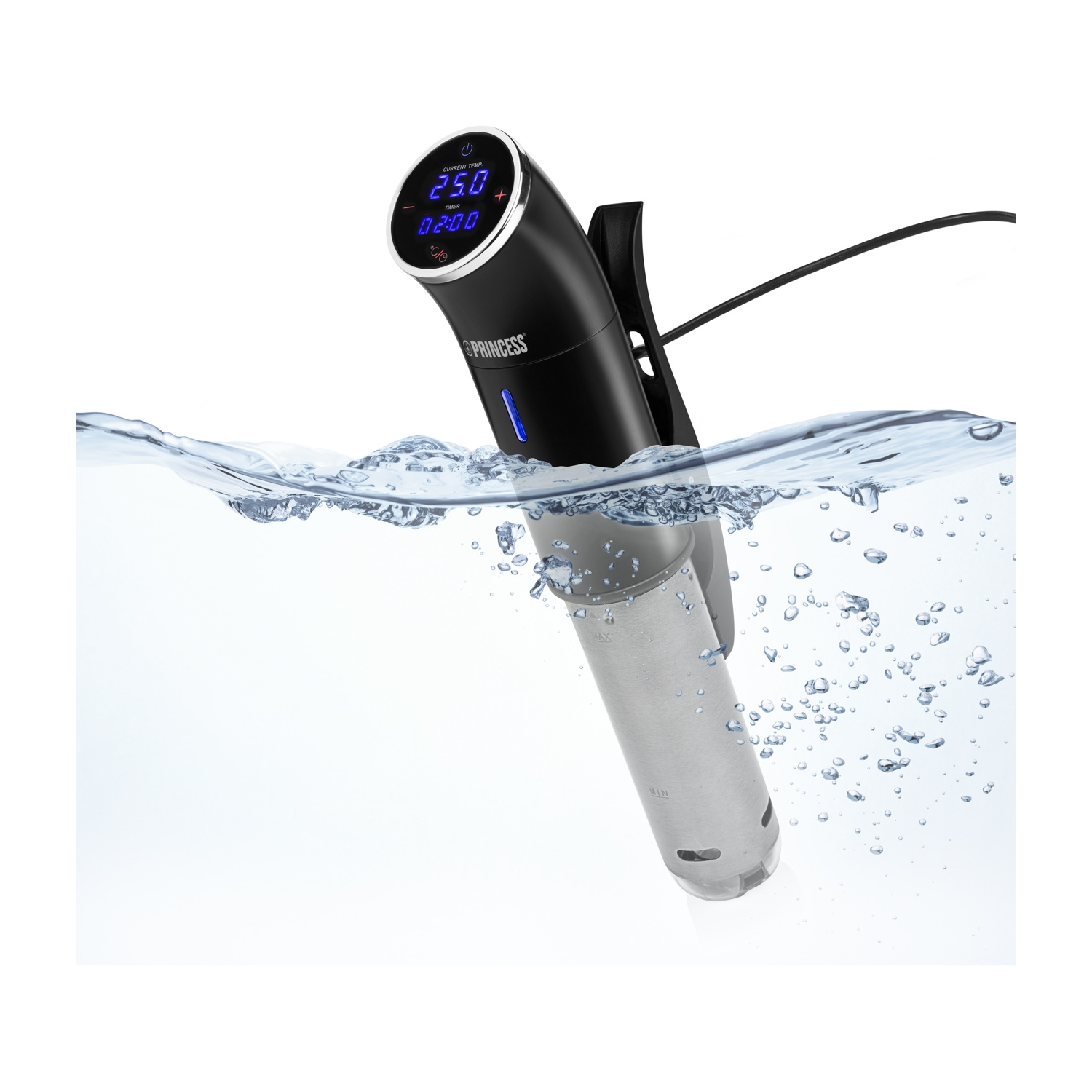 Un sous vide Princess nero con un display e acqua.
