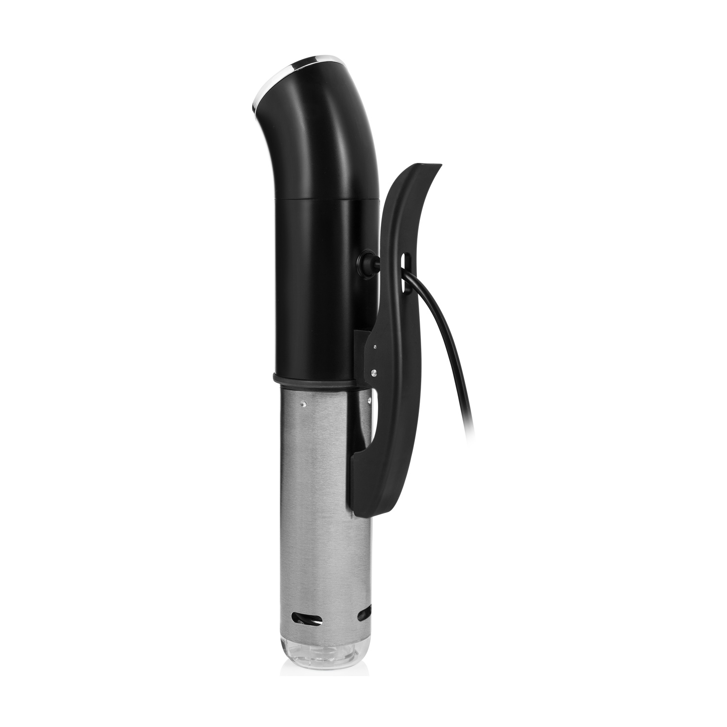 Circolatore a immersione sous vide nero e argento. Forma lunga con manico e pannello di controllo. Sfondo bianco.