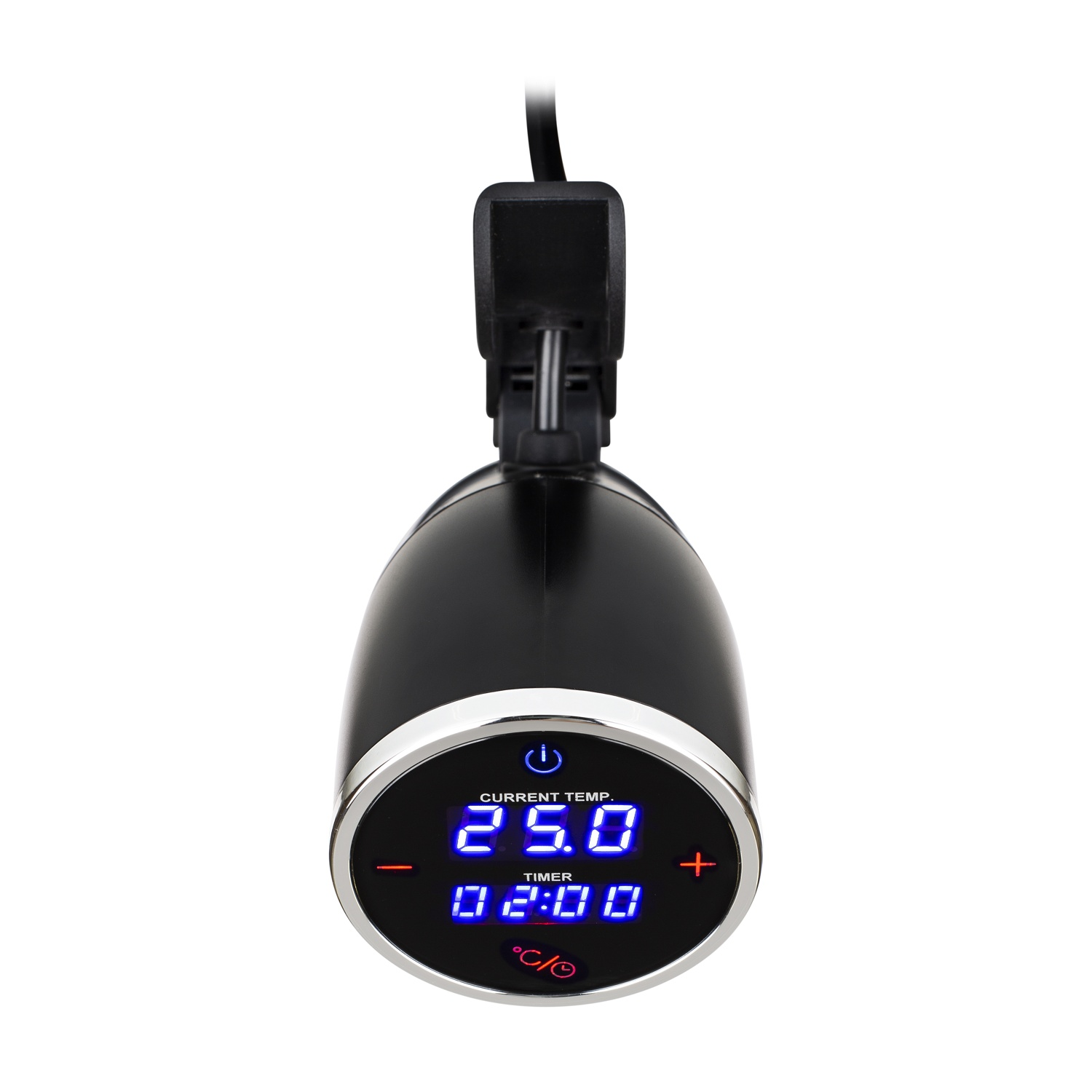 Riscaldatore d'acqua digitale nero con display temperatura e timer, sfondo bianco.