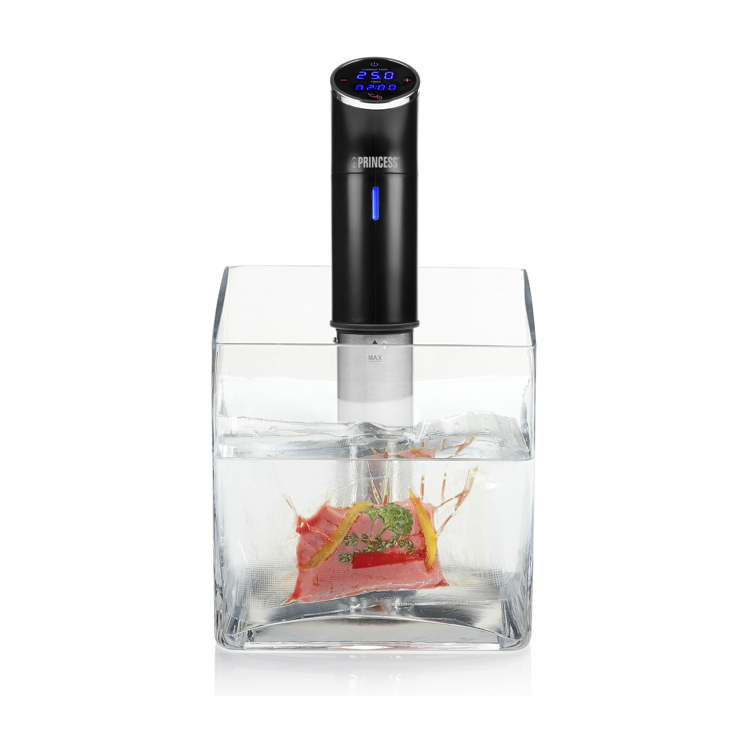 Macchina per sous vide in acqua, con sacchetto sigillato di cibo. Parte superiore nera, contenitore trasparente.