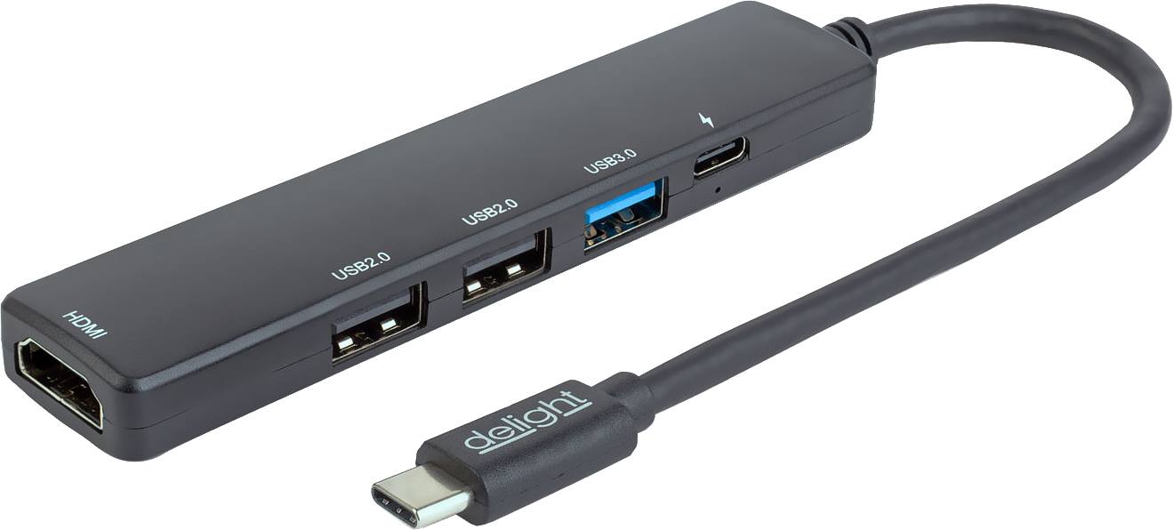 DELIGHT USB 3.0 Type-C multiport adapter, HDMI, 2xUSB-A 2.0, USB-C PD max 100W, fekete (55064)