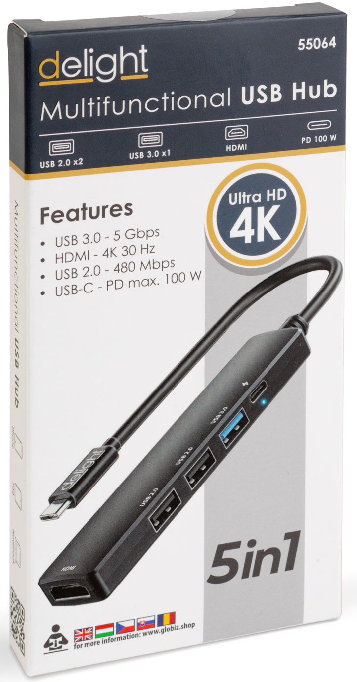 Dobozos 5 az 1-ben USB hub több porttal, beleértve az USB-t és a HDMI-t. Fehér doboz fekete hubbal.