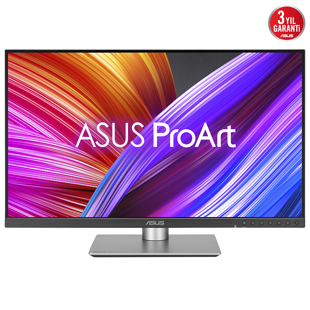 ASUS ProArt logolu monitör, mor ve mavi soyut arka plan, gümüş stand.