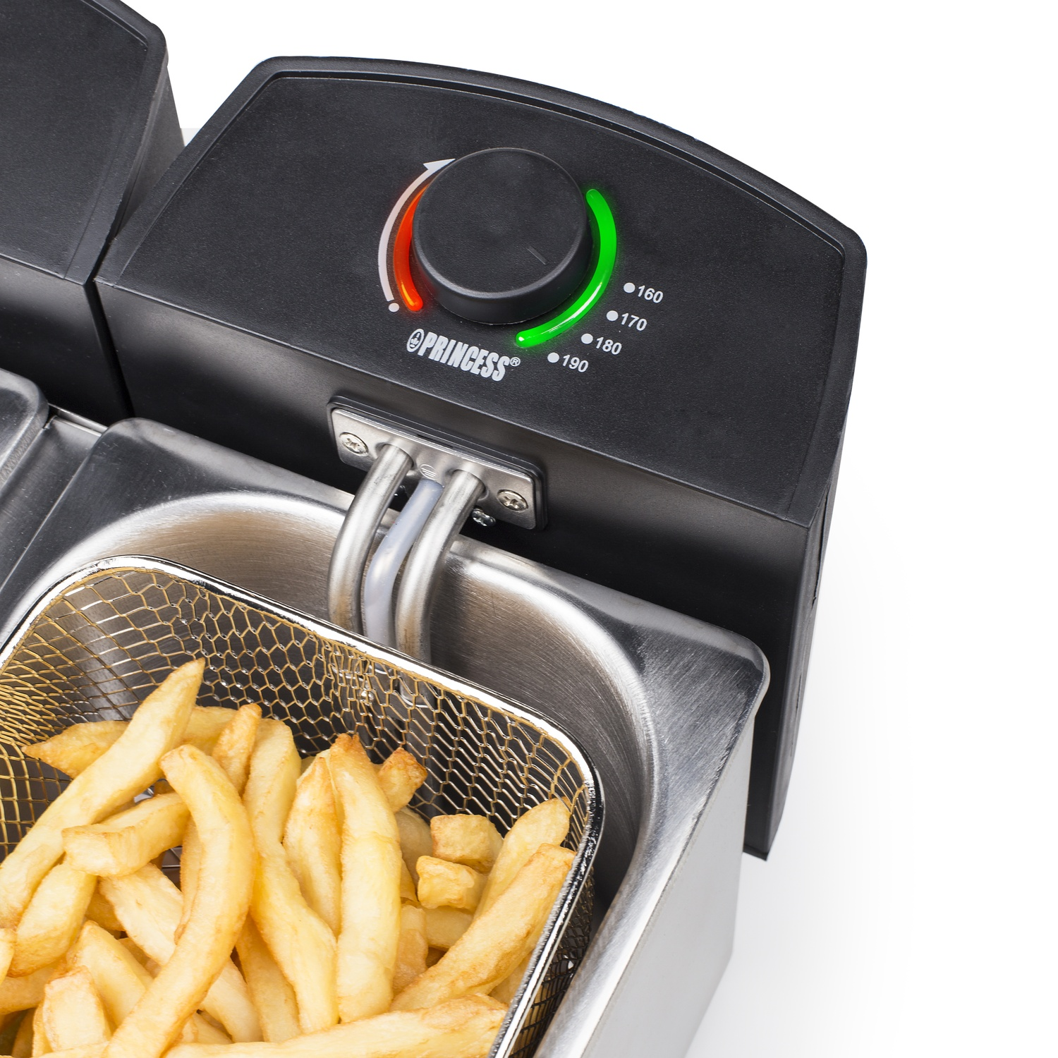 Friggitrice con patatine fritte e manopola di controllo della temperatura.