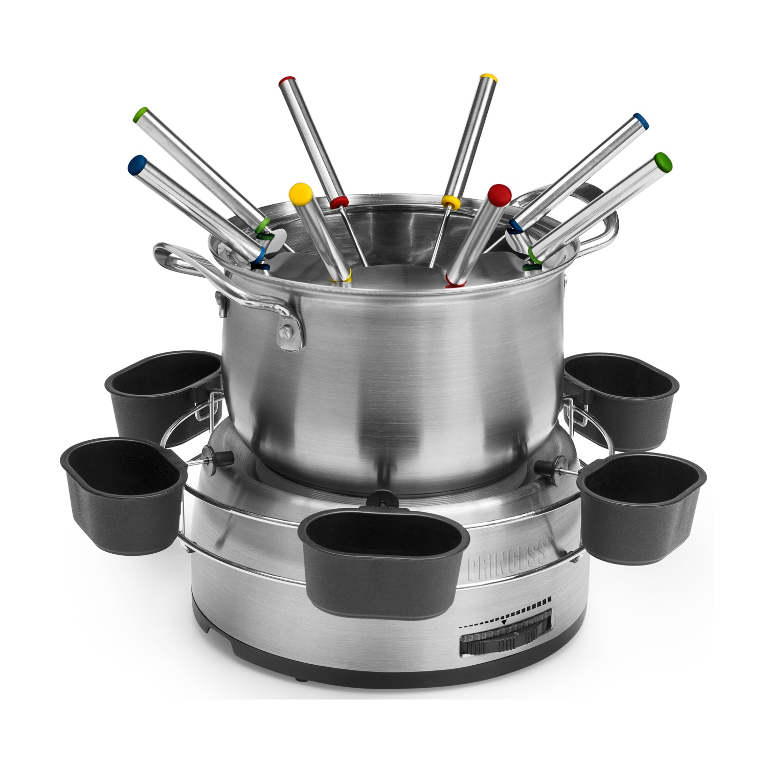 Set per fonduta. Pentola in acciaio inox con forchette, circondata da contenitori neri.