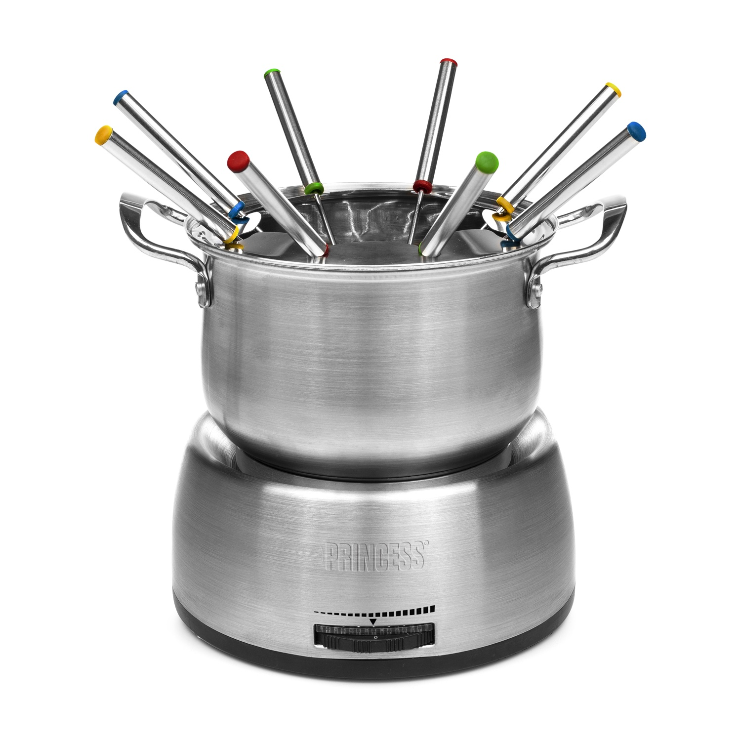 Pentola per fonduta in acciaio inossidabile con forchette colorate e logo Princess.