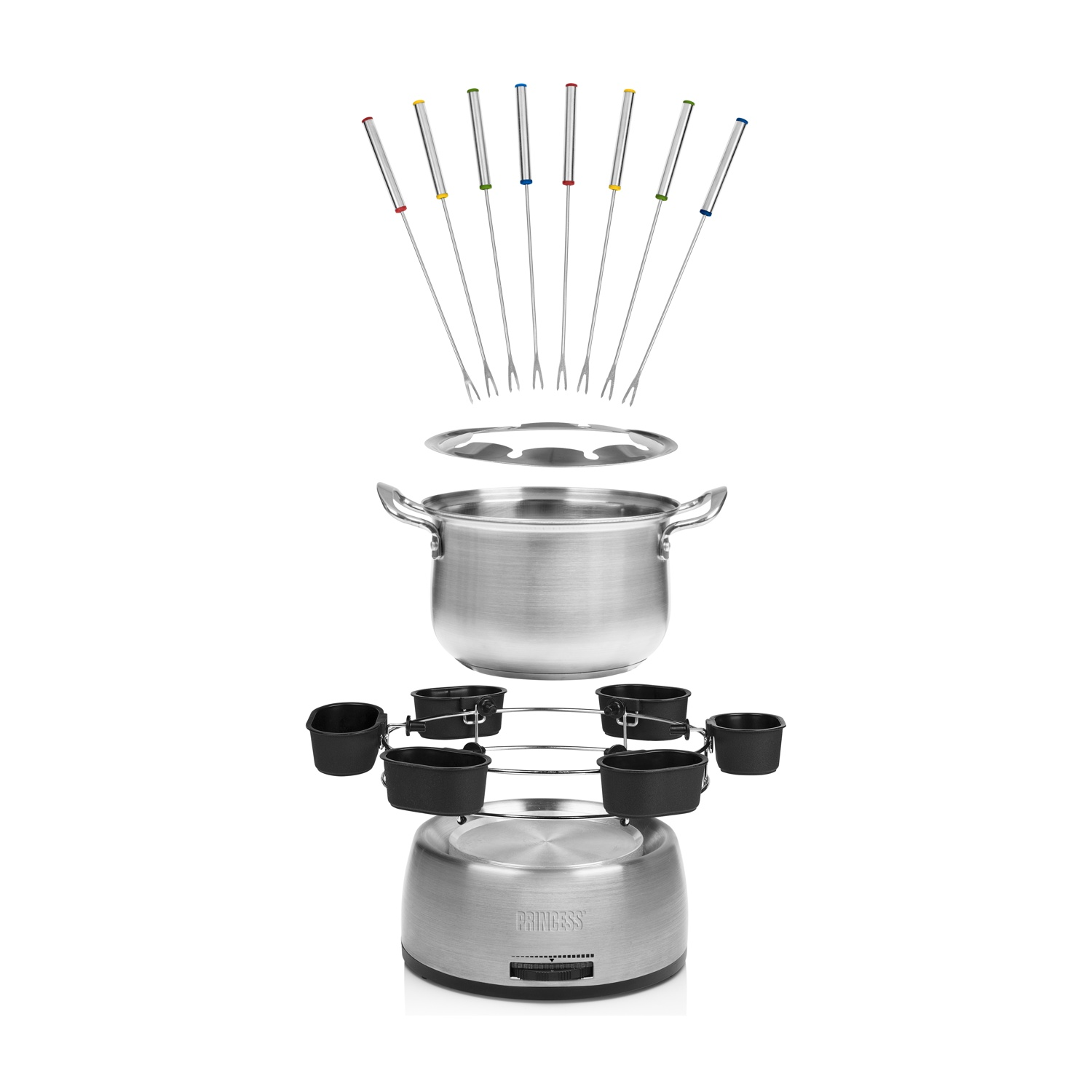 Set fonduta in acciaio inox con forchette. Include pentola, bruciatore e contenitori neri.