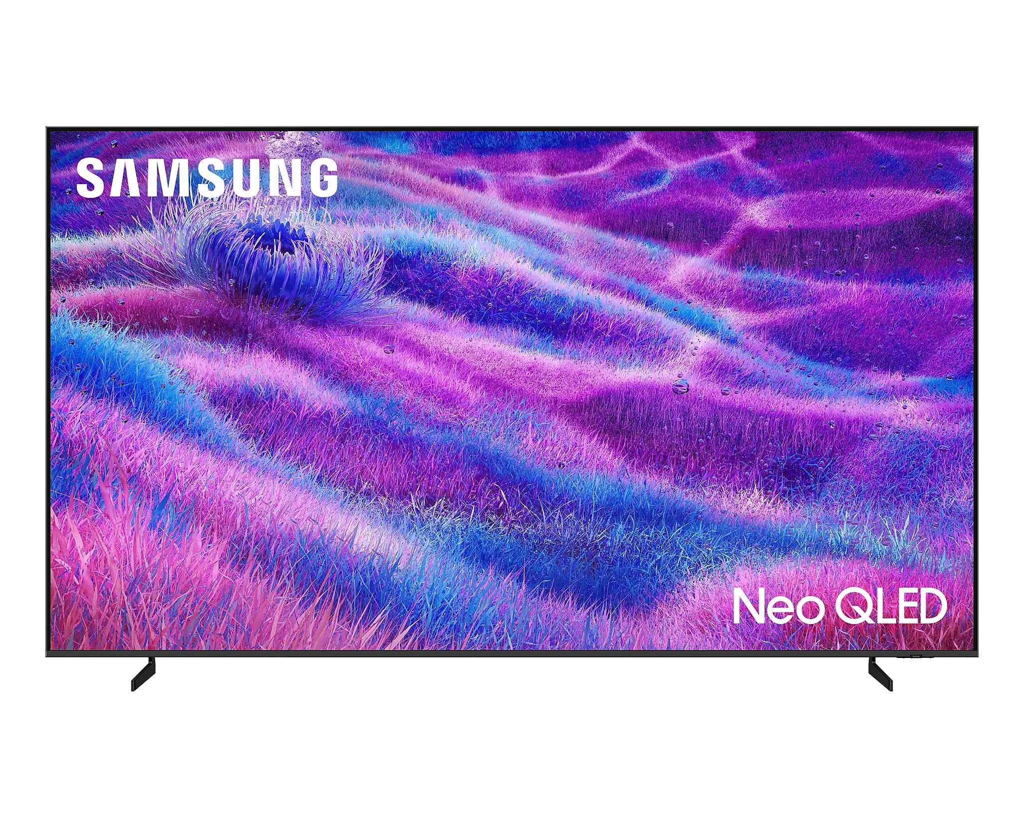 A Samsung Neo QLED TV egy színes, absztrakt jelenetet jelenít meg virágos és vízi elemekkel.