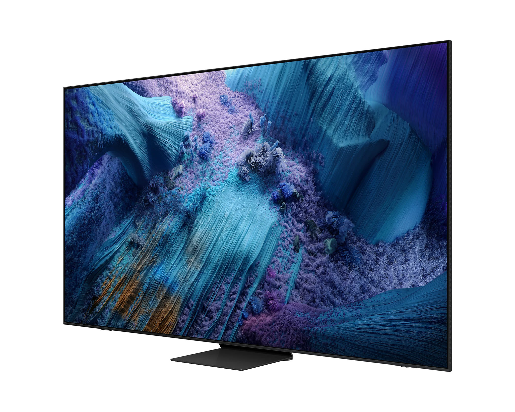 Egy nagy, modern TV állványon, élénk, absztrakt, színes képet mutatva.
