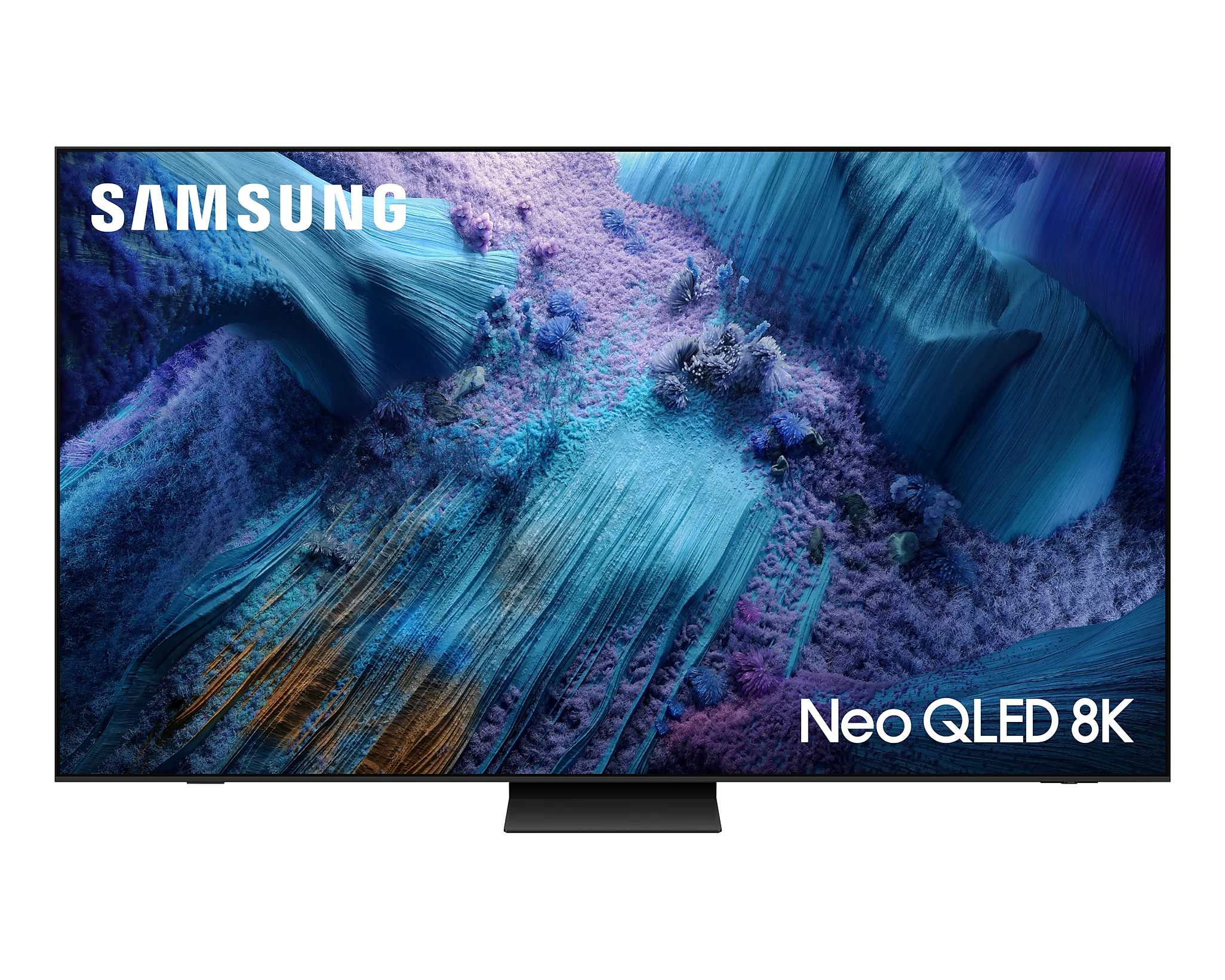 Egy nagy Samsung Neo QLED 8K TV, fekete kerettel, színes, absztrakt képet jelenít meg kék, lila és fehér árnyalatokkal.