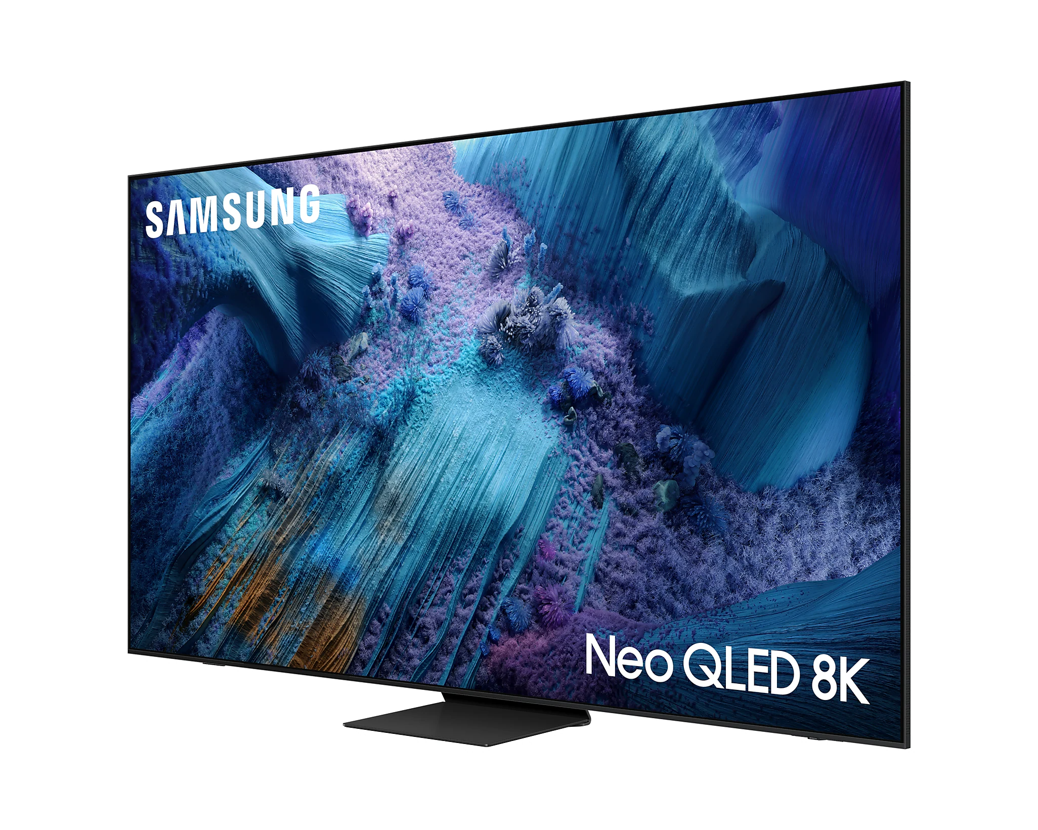 Samsung Neo QLED 8K TV, fekete állvánnyal és színes képpel.