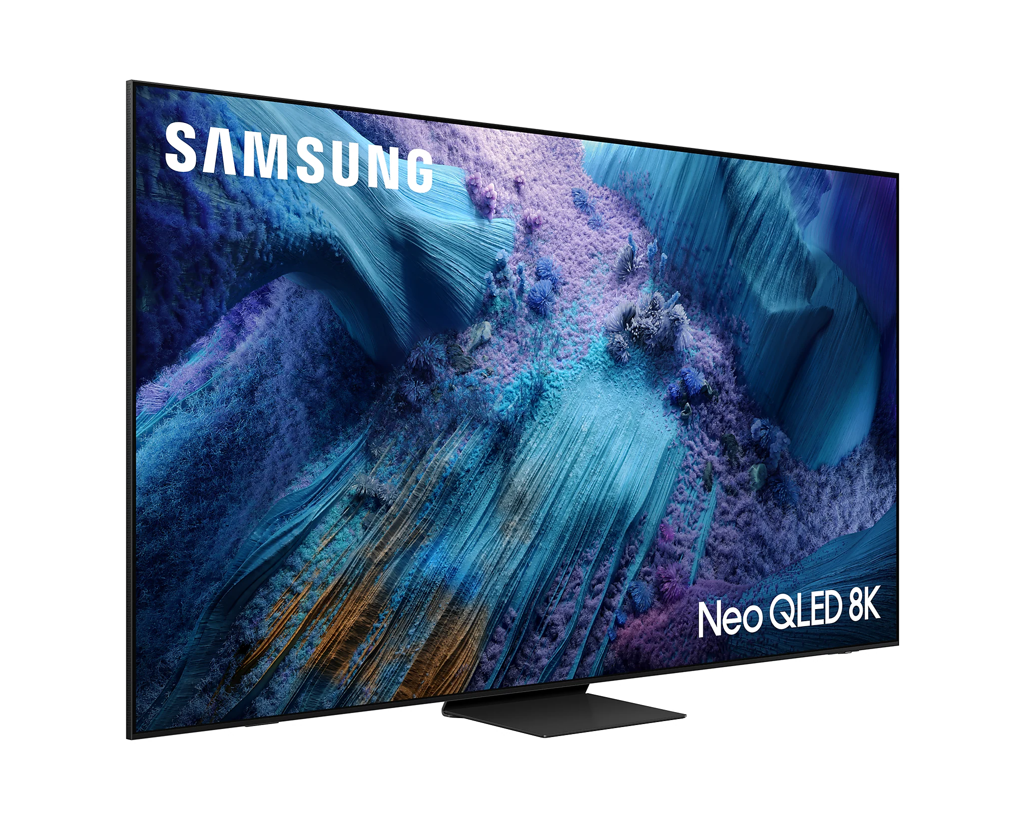 Egy modern Samsung Neo QLED 8K TV, fekete kerettel és állvánnyal, színes, absztrakt kijelzővel.