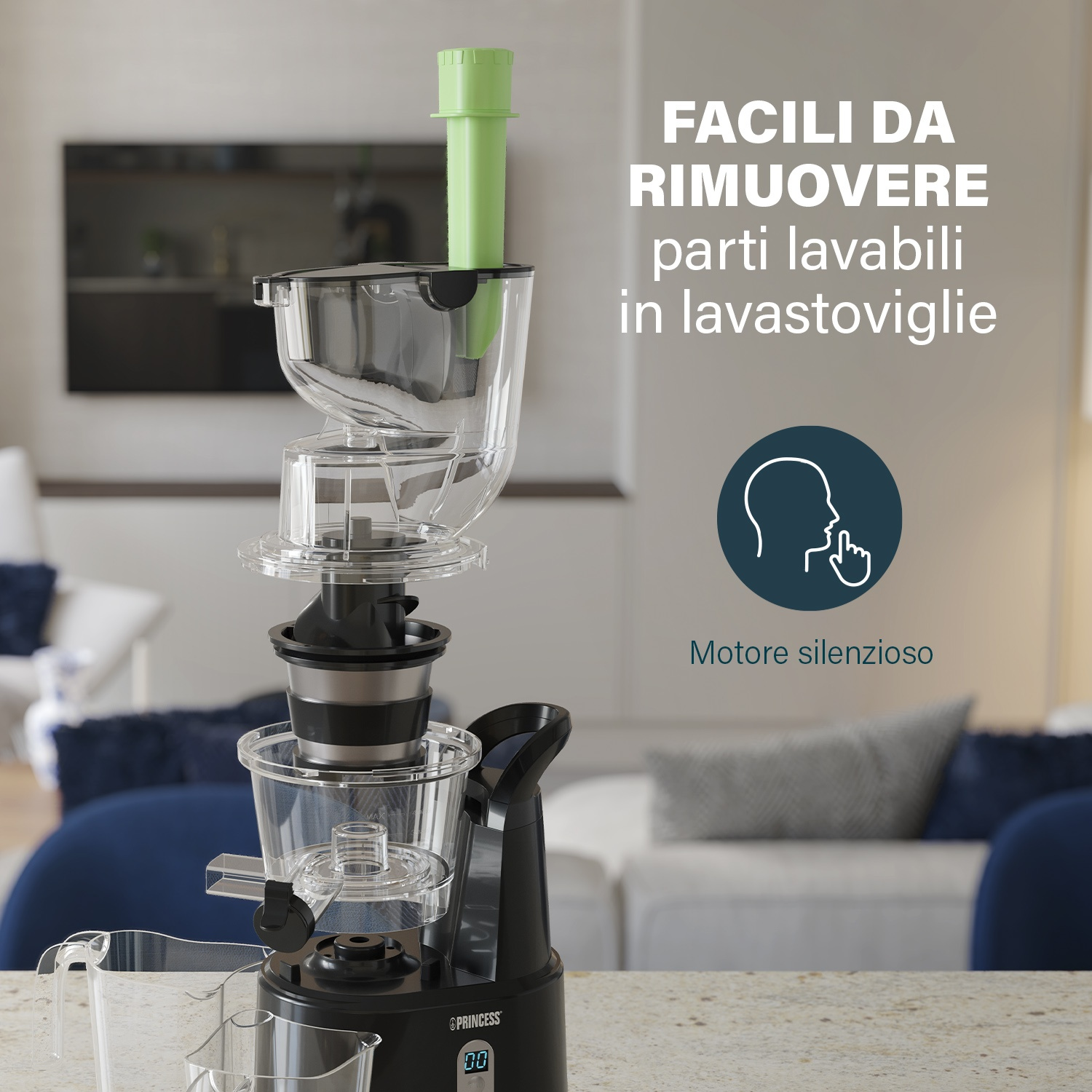 Parti di spremiagrumi in vista esplosa, con testo e icona della mano.