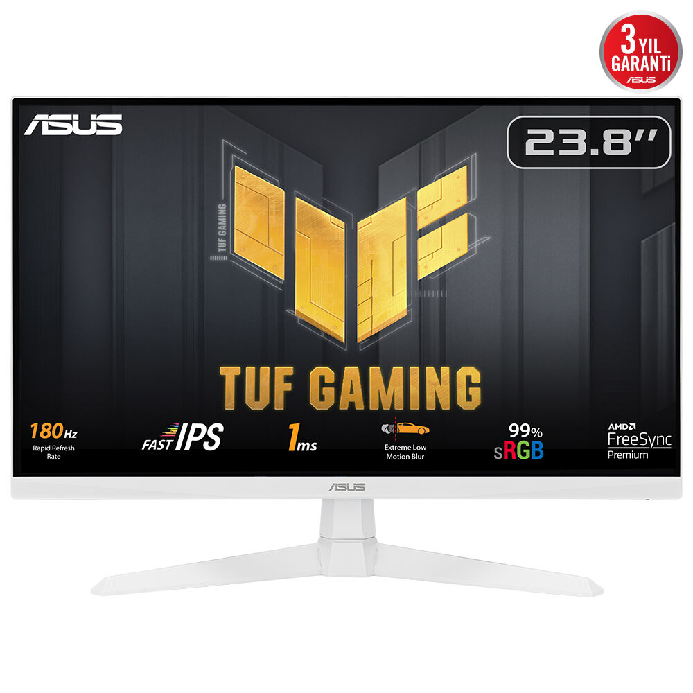 Beyaz oyun monitörü, ASUS, TUF GAMING ve 23.8" yazıyor. 180Hz ve IPS özelliklerine sahip.