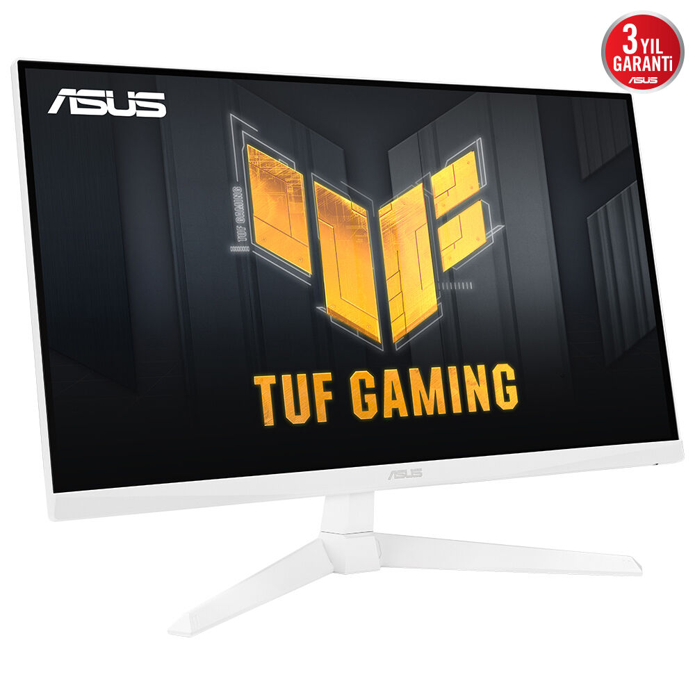 Siyah arka plan üzerinde sarı logolu beyaz ASUS TUF oyun monitörü.