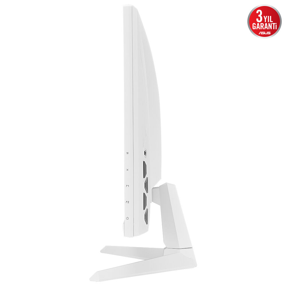 Beyaz bir ASUS monitörün yan görünümü, bağlantı noktaları ve bir stand ile, beyaz bir arka plan üzerinde.