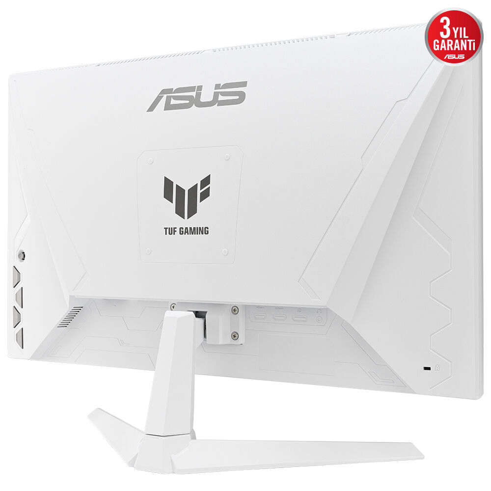Beyaz bir ASUS TUF oyun monitörünün arkası, stant ve bağlantı noktaları görünür durumda.