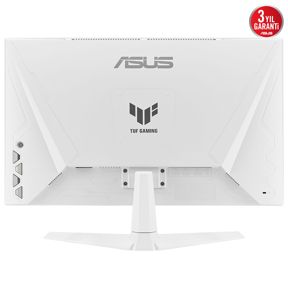 Beyaz bir ASUS monitörünün arkası. ASUS logosu ve TUF GAMING amblemi görünür.