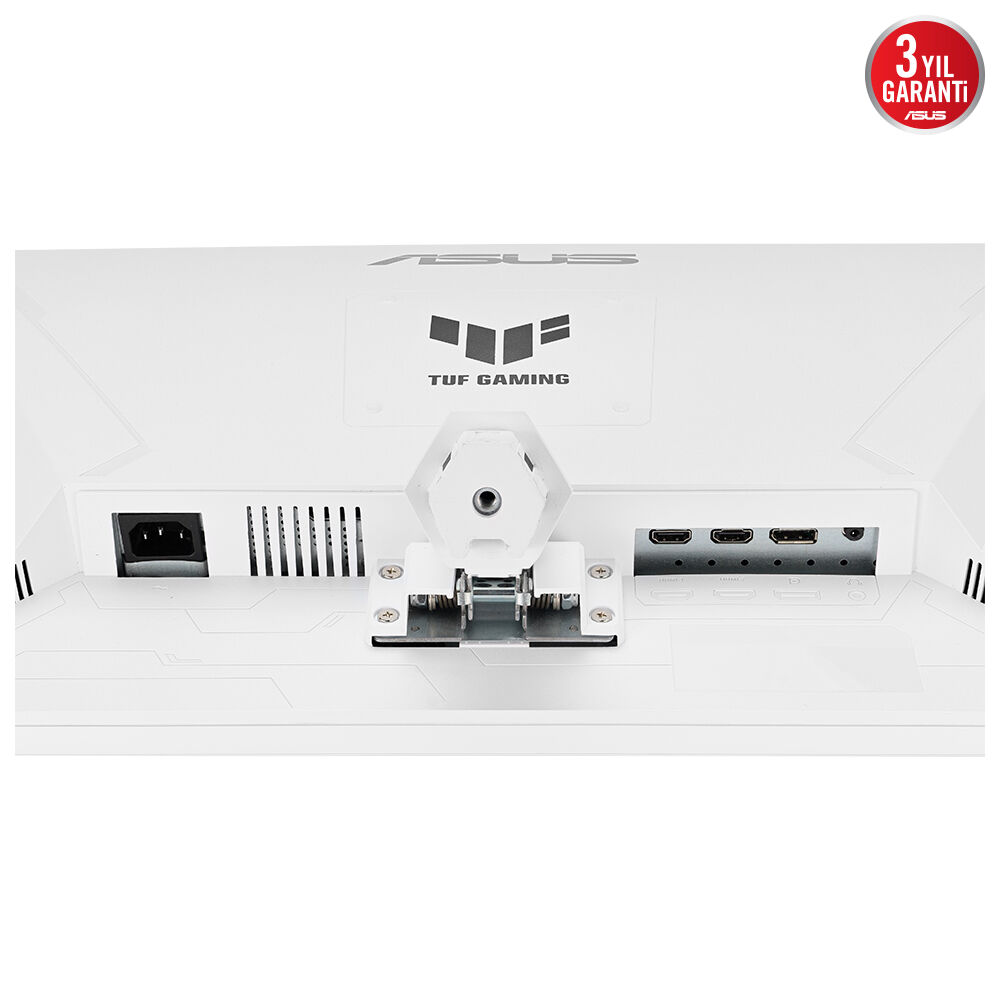 Portlar, bir stand ve ASUS logosu olan beyaz bir monitörün arkası.