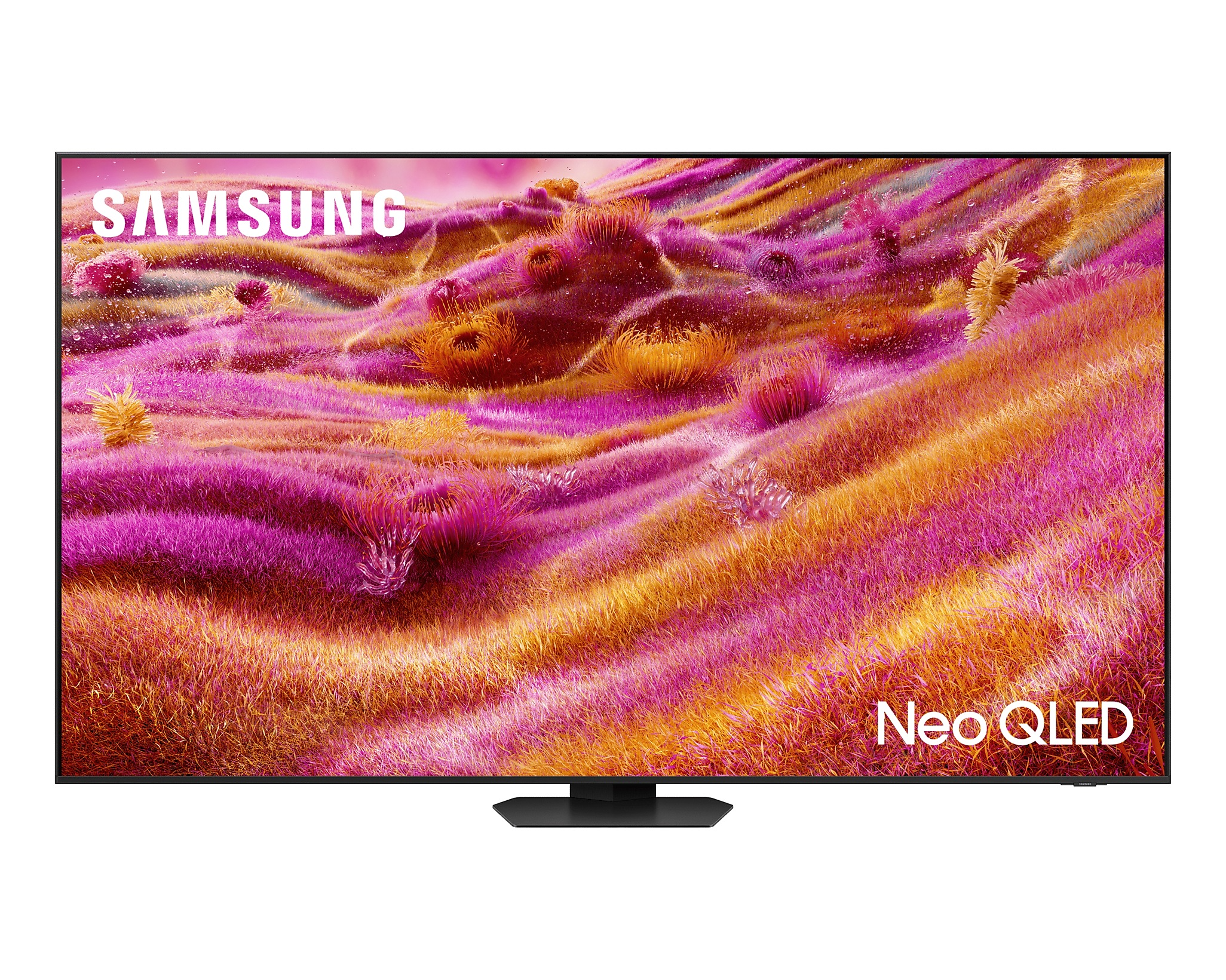Egy Samsung Neo QLED televízió színes, absztrakt háttérrel.